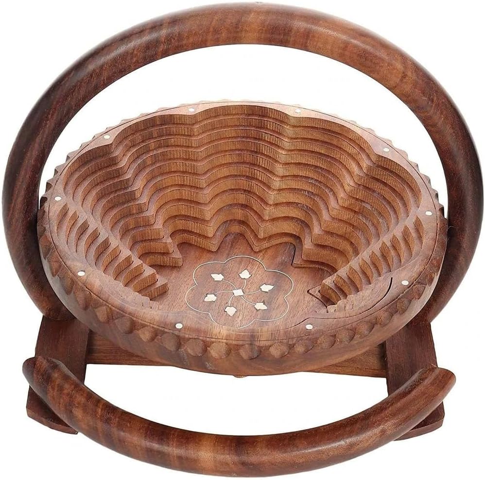 Handcrafted Carved Foldable Wooden Fruit Basket with Carry Handle | Collapsible Solid Wood Serving Bowl for Fruits, Dry Fruits & Table Décor