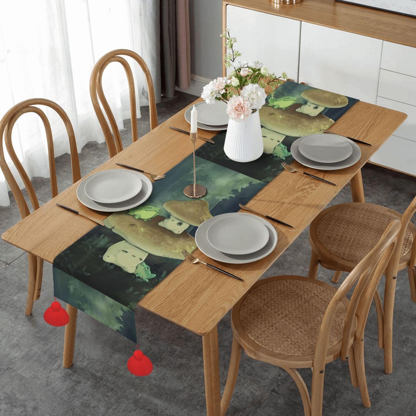 Chemin de table de Noël avec grenouille pour repas festif en cuisine