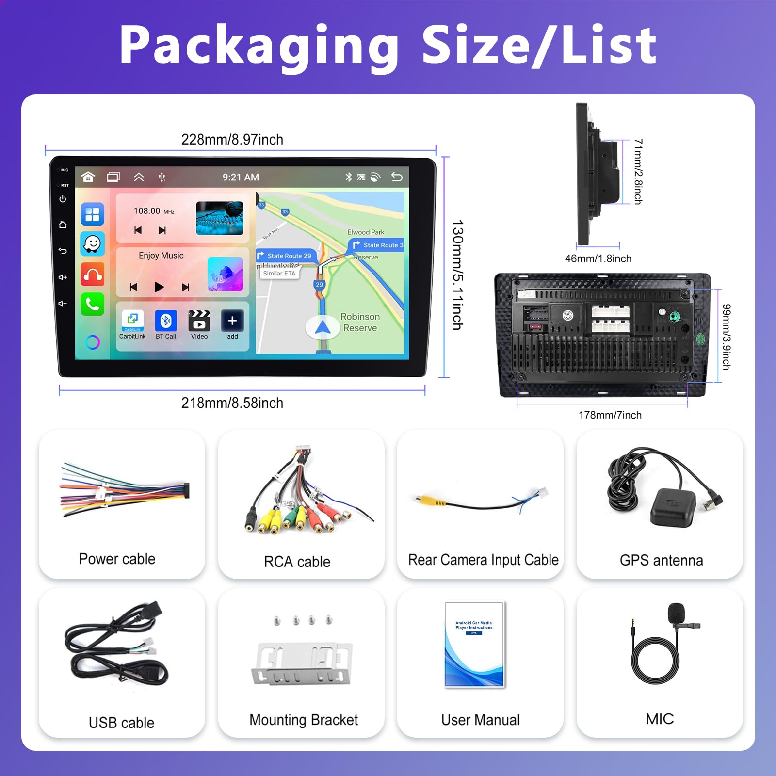 6+128G Motorsi Carplay Android Auto 2Din Car Stéréo avec GPS Navi WiFi, 9 Pouces Écran Tactile Poste Radio Voiture, Android 13 Autoradio Support MirrorLink/Bluetooth/FM/AUX/EQ/RDS/SWC Autoradio + MIC