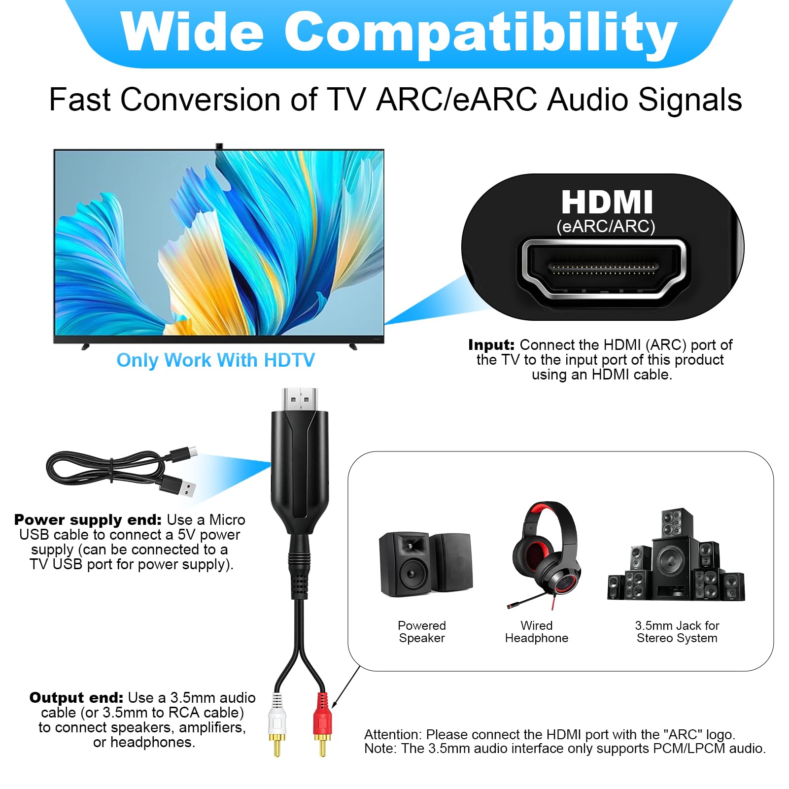 Extracteur Audio HDMI eARC ARC 192 kHz Câble Convertisseur HDMI ARC HD eARC vers AV Adaptateur AUX 3,5 mm