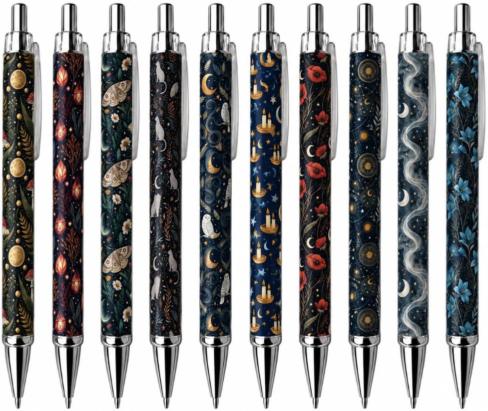 10PC Witch Gothic Pens Writing Pen Bulk Gift Set Witchy Spooky Halloween Celestial Floral Moth Owl Cat Dark Academia Witchcraft Stationery Office Supplies Journal Planner Accessories Gifts for Adults