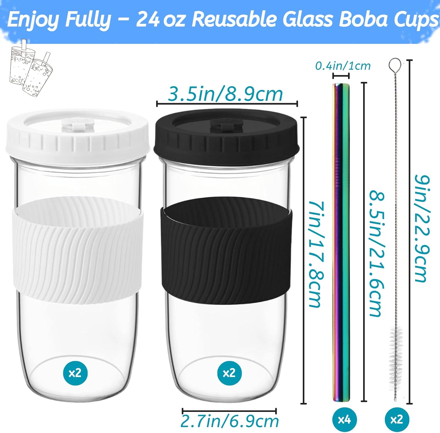 Youeon 4 Pack 24 Oz Reusable Boba Cups with Lids and Straw, Iced Coffee & Smoothie Cups, Bubble Tea & Mason Jar Style with Silicone Sleeve, BPA Free, Dishwasher Safe, 2 Colors - Image 2