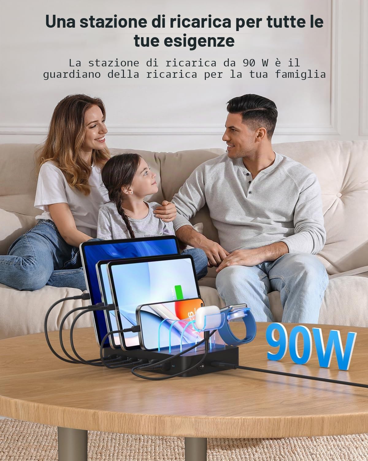 SooPii 90W Stazione di Ricarica a 6 porte Caricatore USB con ricarica rapida USB C PD da 20W, supporto 2 in 1, 6 cavi corti inclusi per lPhone, lPad, tablet e altri dispositivi elettronici, nero
