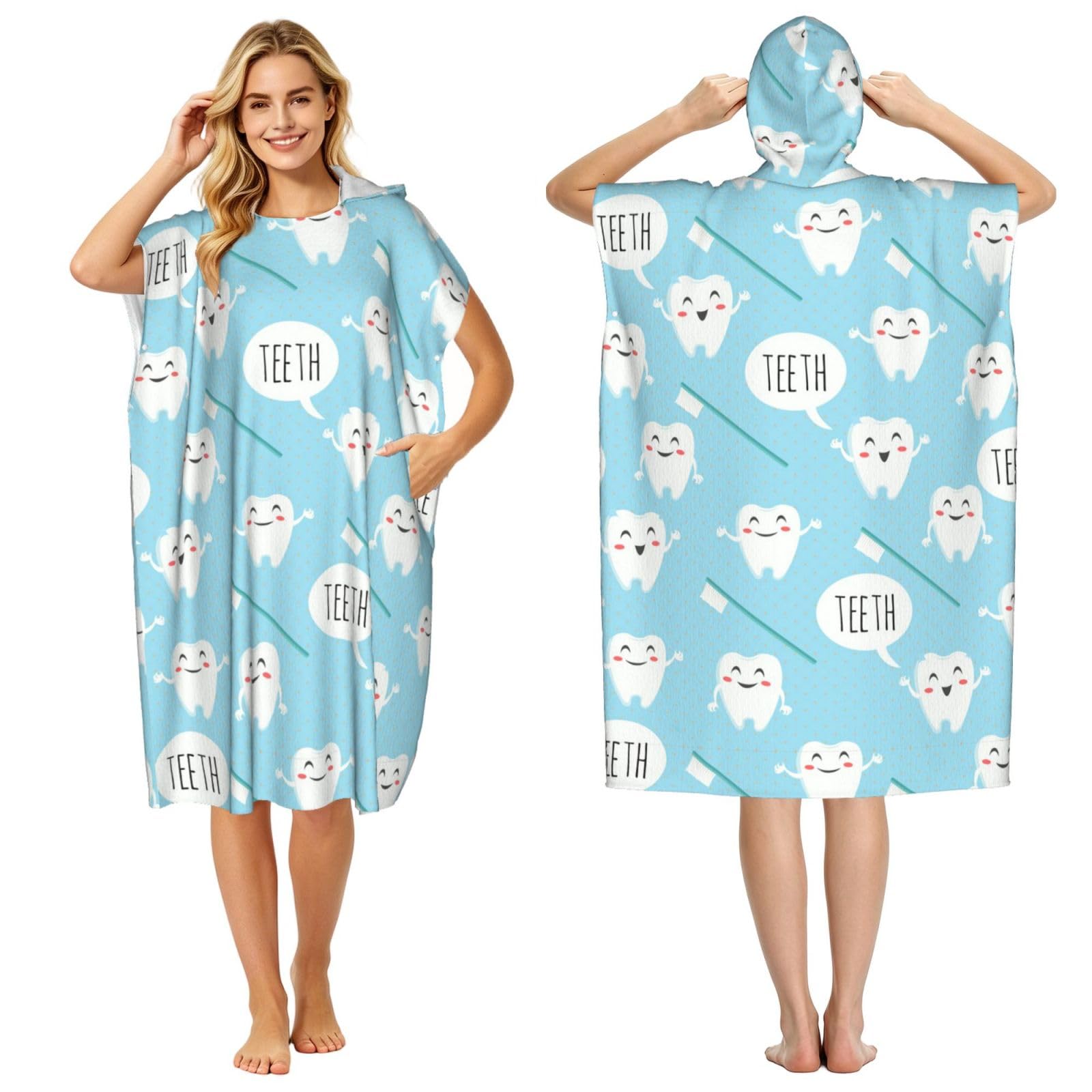 Poadnly Tooth, Adult Hooded Beach Towel 90 x 110 cm,Changing Bath Robe, Surf Poncho Towel For Women Men
