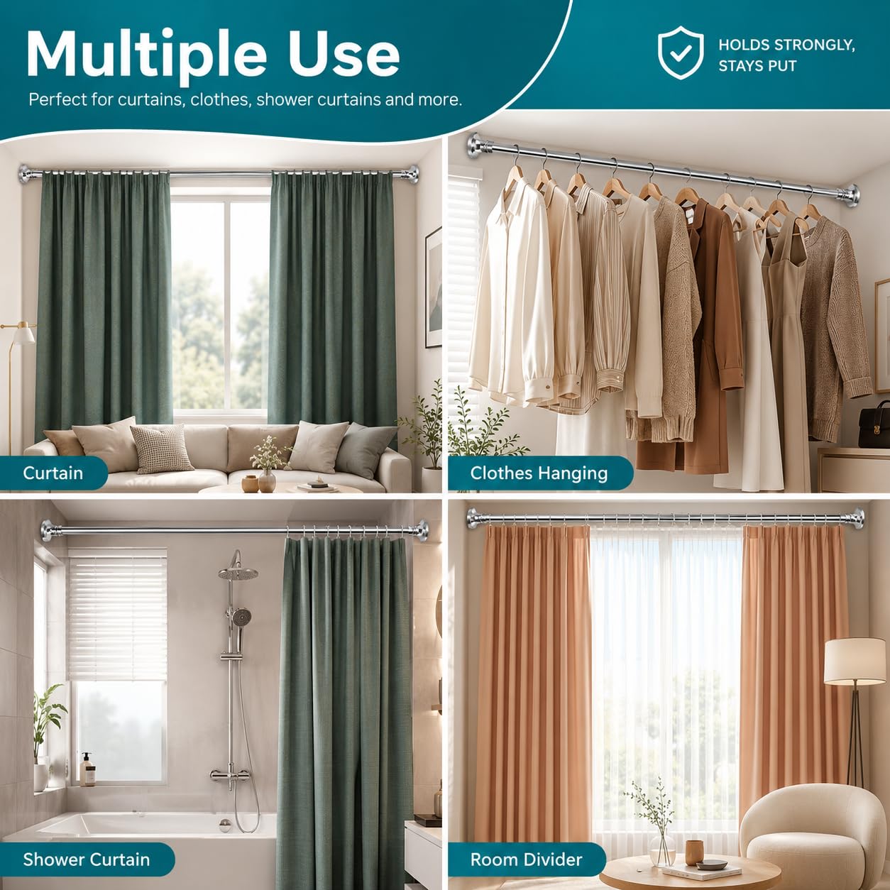 BreeRainz Tringle Rideau Extensible sans Percage De 110 à 290 cm Barre Rideau Barre de Douche Ajustable pour Fenêtre, Salle de Bain, Placard, Armoire, Cuisine, Porte de Balcon, Acier Inoxydable