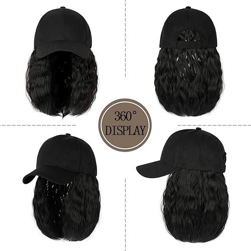 Miniatura 2 de Qlenkay Gorra de béisbol con extensiones de cabello, 14 pulgadas, ondulado, rizado, estilo Bob, peinado, peluca ajustable, peluca sintética adjunta