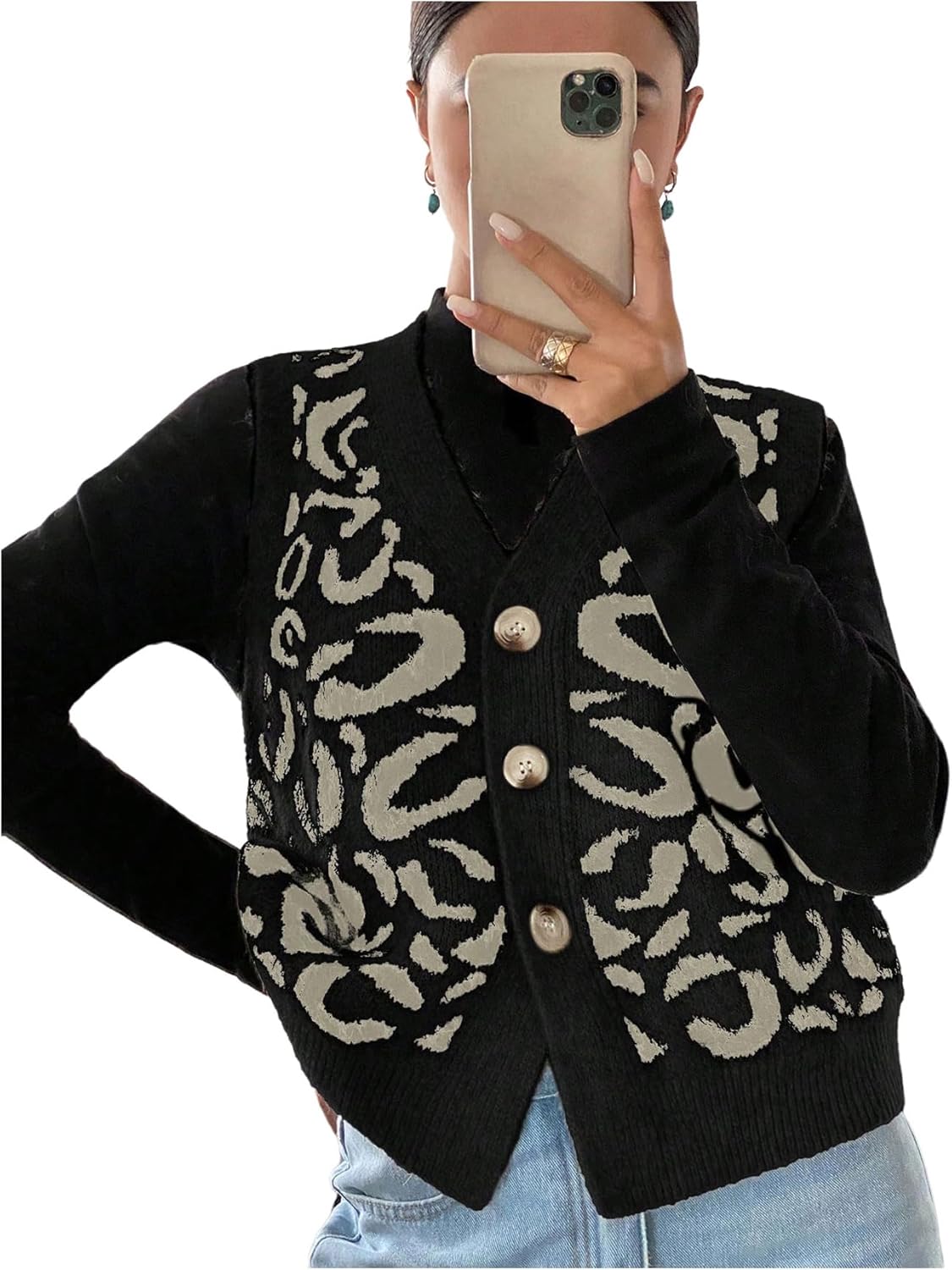 GORGLITTER Women's Leopard Button Up Sweater Vest Cheetah Print Sleeveless Office Knit Trendy Vests Top