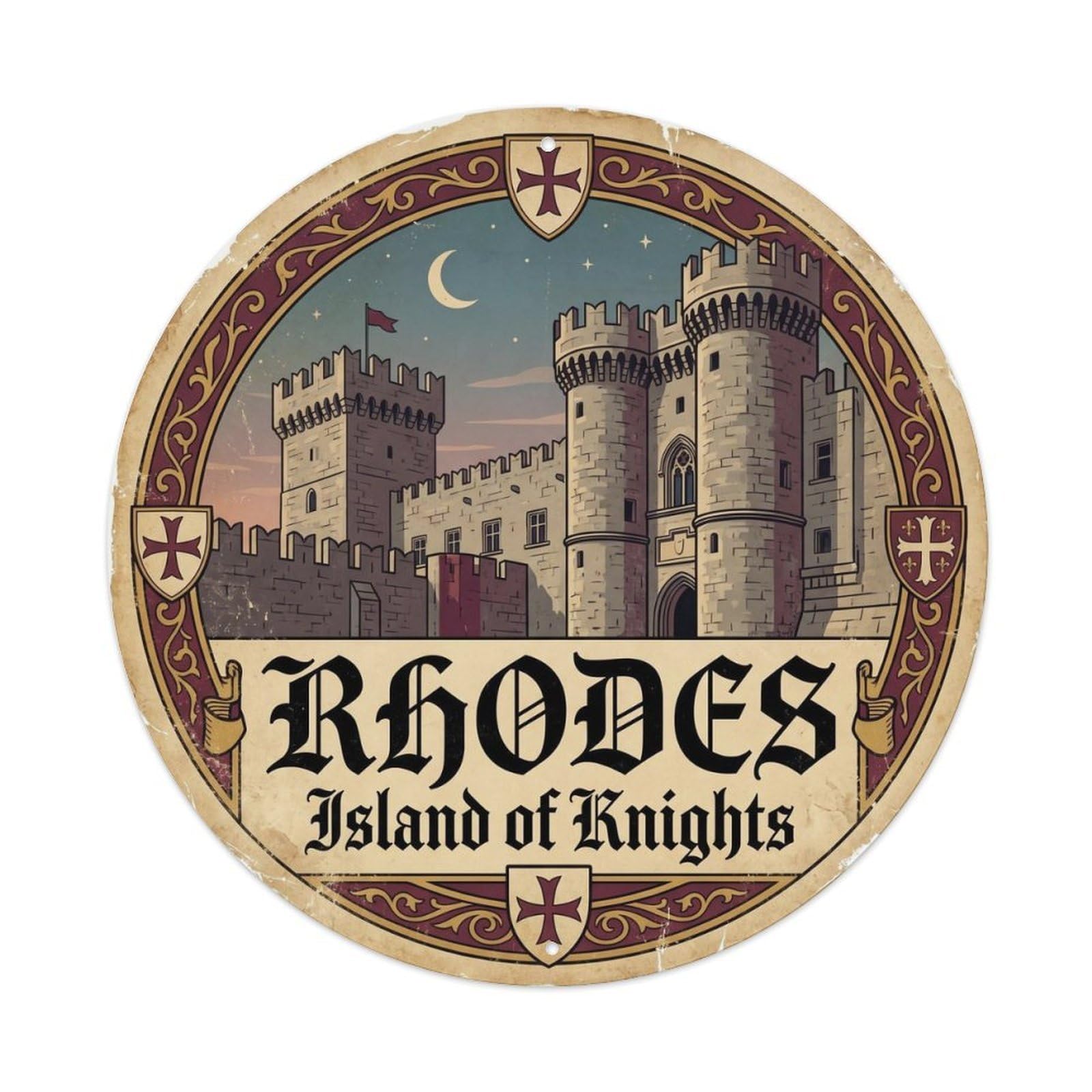 Vintage Travel Rhodes Fortress Greece Metal Tin Sign Plaque Wall Decor for Cafe, Club, Garden Round Metal Poster 8x8Inch