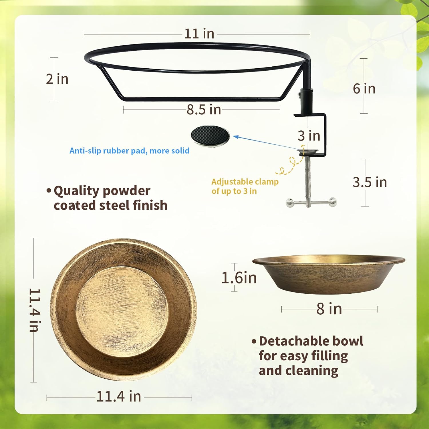 WANGIRO Deck Mounted Bird Bath for Outside,Detachable Birdbath Bowl with Sturdy Clamp,Easy Setup Outdoor Bird Feeder for Verandahs Garden Patio Lawn Decoration 11.4 in.Antique Bronze