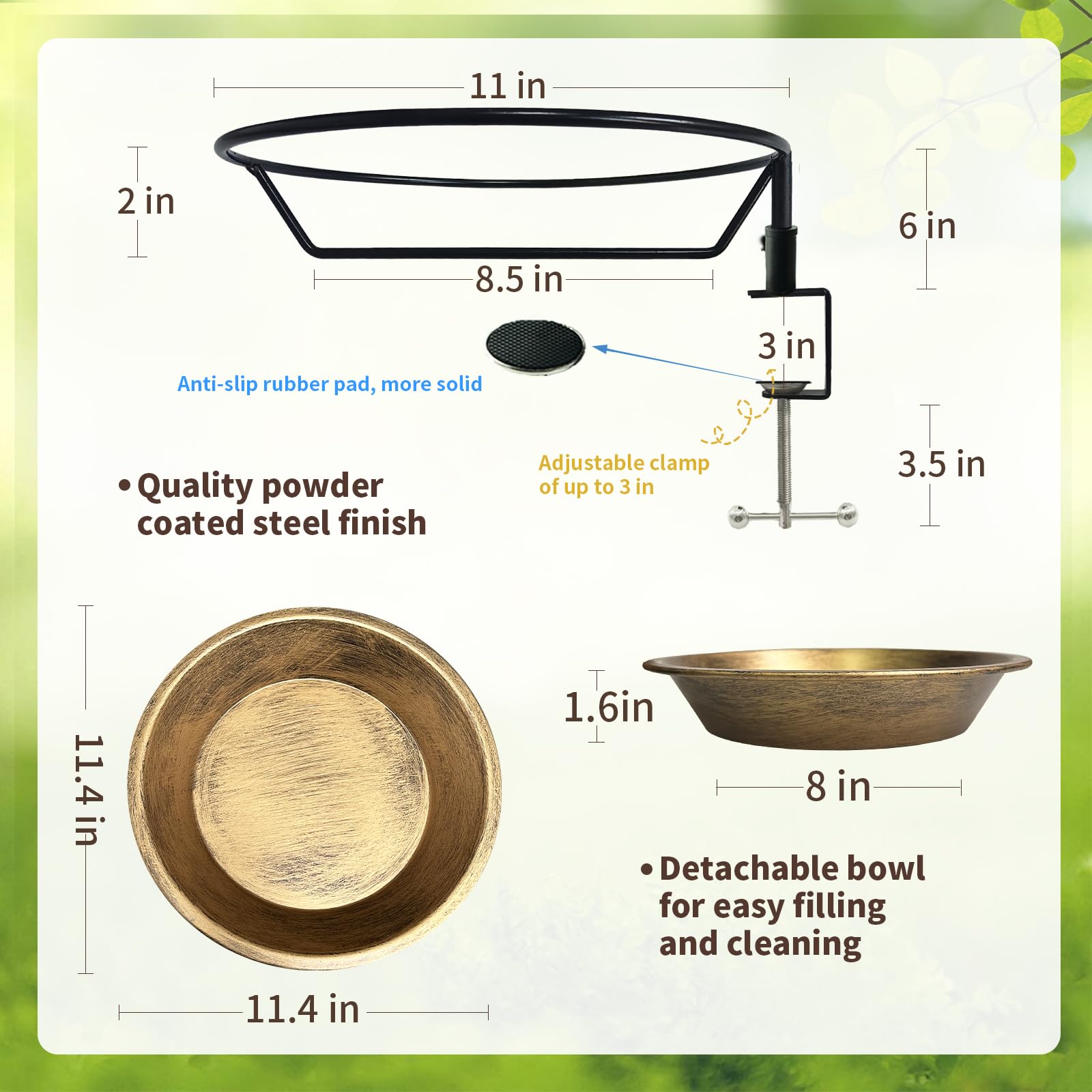 WANGIRO Baño para pájaros montado en cubierta para exteriores, cuenco desmontable para pájaros con abrazadera resistente, fácil de instalar, comedero para pájaros al aire libre para terrazas, jardín