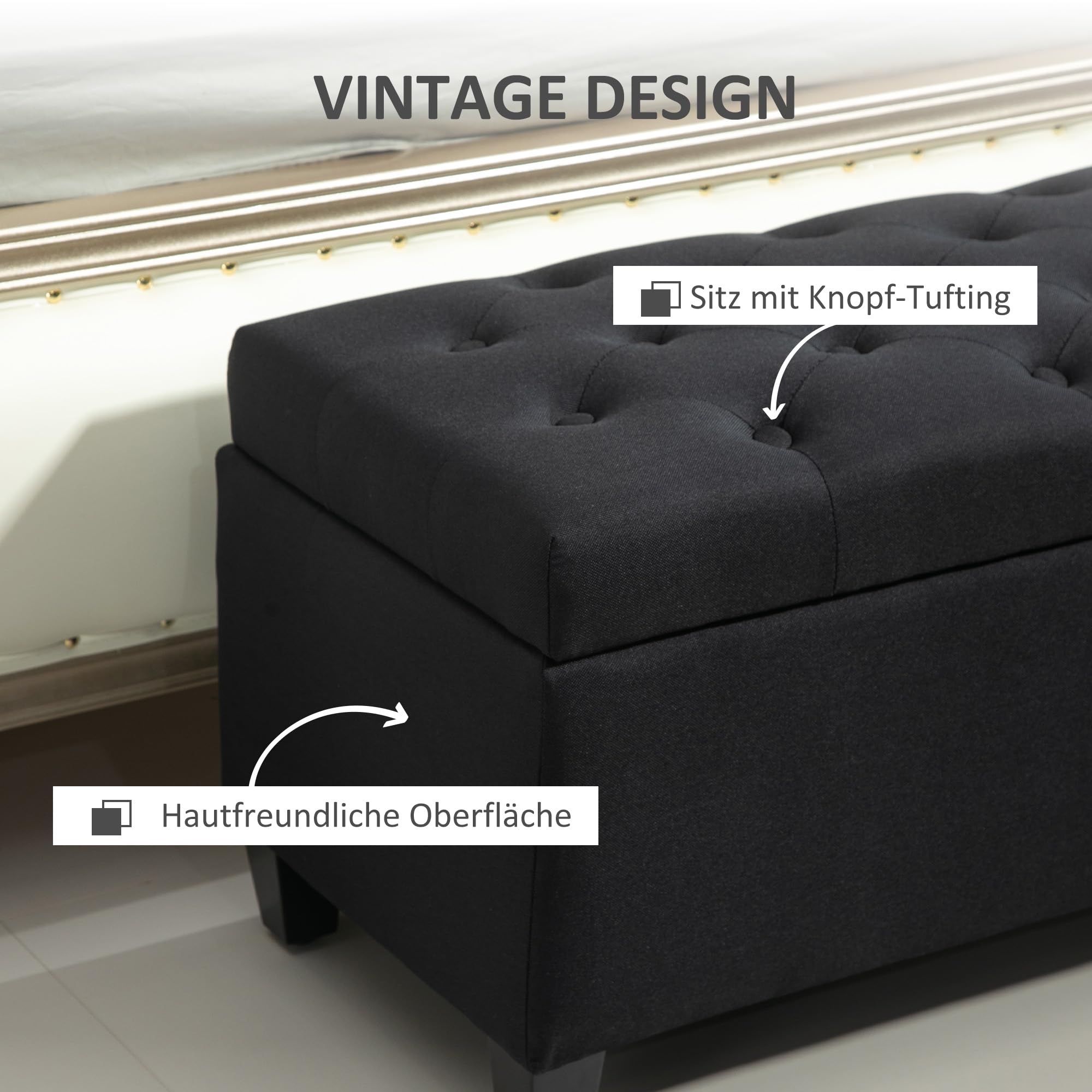 HOMCOM Sitzbank mit Stauraum Polsterbank mit Leinenoptik, Sitztruhe mit Holzbeine, Truhenbank für Wohnzimmer Schlafzimmer Flur 100 x 40 x 44 cm Schwarz