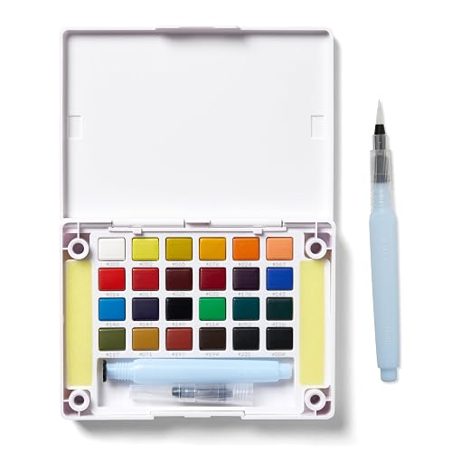 SAKURA Koi Pocket Field Sketch Kit - Watercolor Sets for Painting On the Go - Holiday Gifts for Artists, Crafters & DIY Gifts Projects - 24 Colors - 1 Water Brush - 1 Sponge - 1 Mixing Palette
