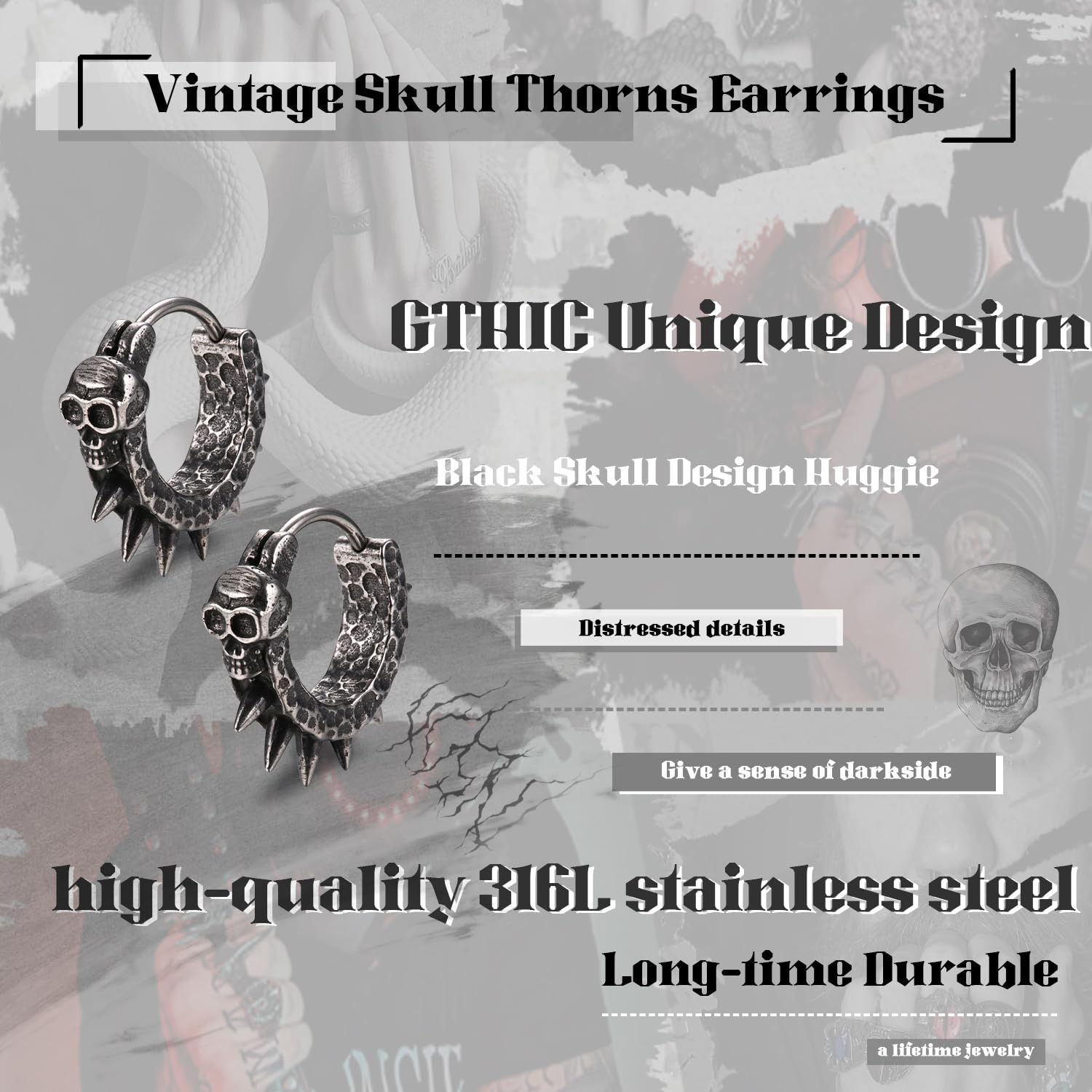 GTHIC Pendientes de aro punk con punta Huggie para mujer, pendientes con remaches de calavera, pendientes góticos vintage para hombres, joyería de acero inoxidable, regalo