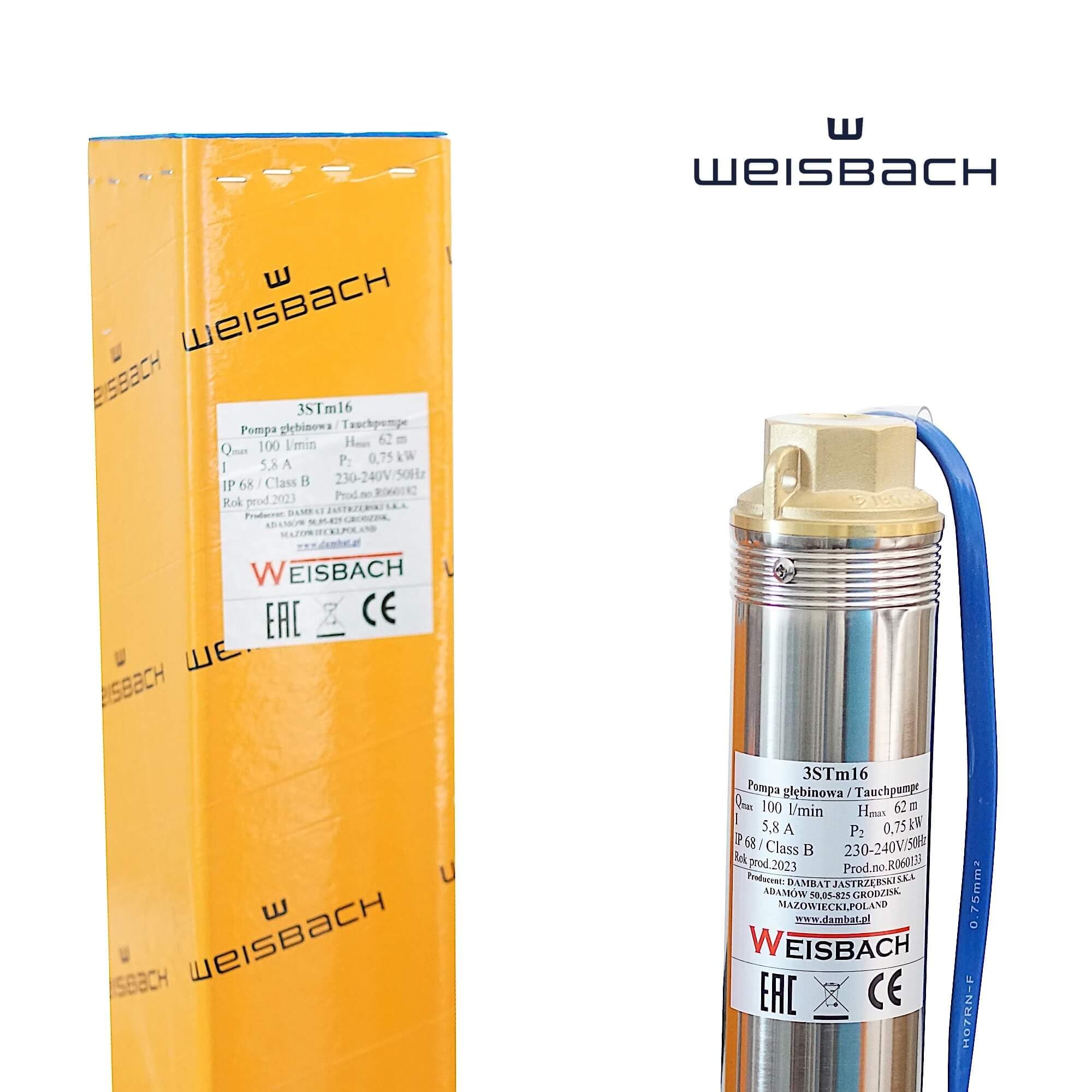 3" WEISBACH Tiefbrunnenpumpe 3STM16 0,75kW 6000l/h 6,2bar sandverträglich <5%
