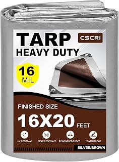 16Mil Tarps Heavy Duty Waterproof 16x20 Finished Size, Large Outdoor Multipurpose Protective Cover (Silver/Brown)