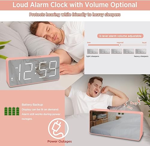 Miniatura 47 de Peakeep Reloj digital, reloj despertador alimentado por batería para dormitorios, esfera de espejo, números grandes, 6 atenuadores para personas Aqua