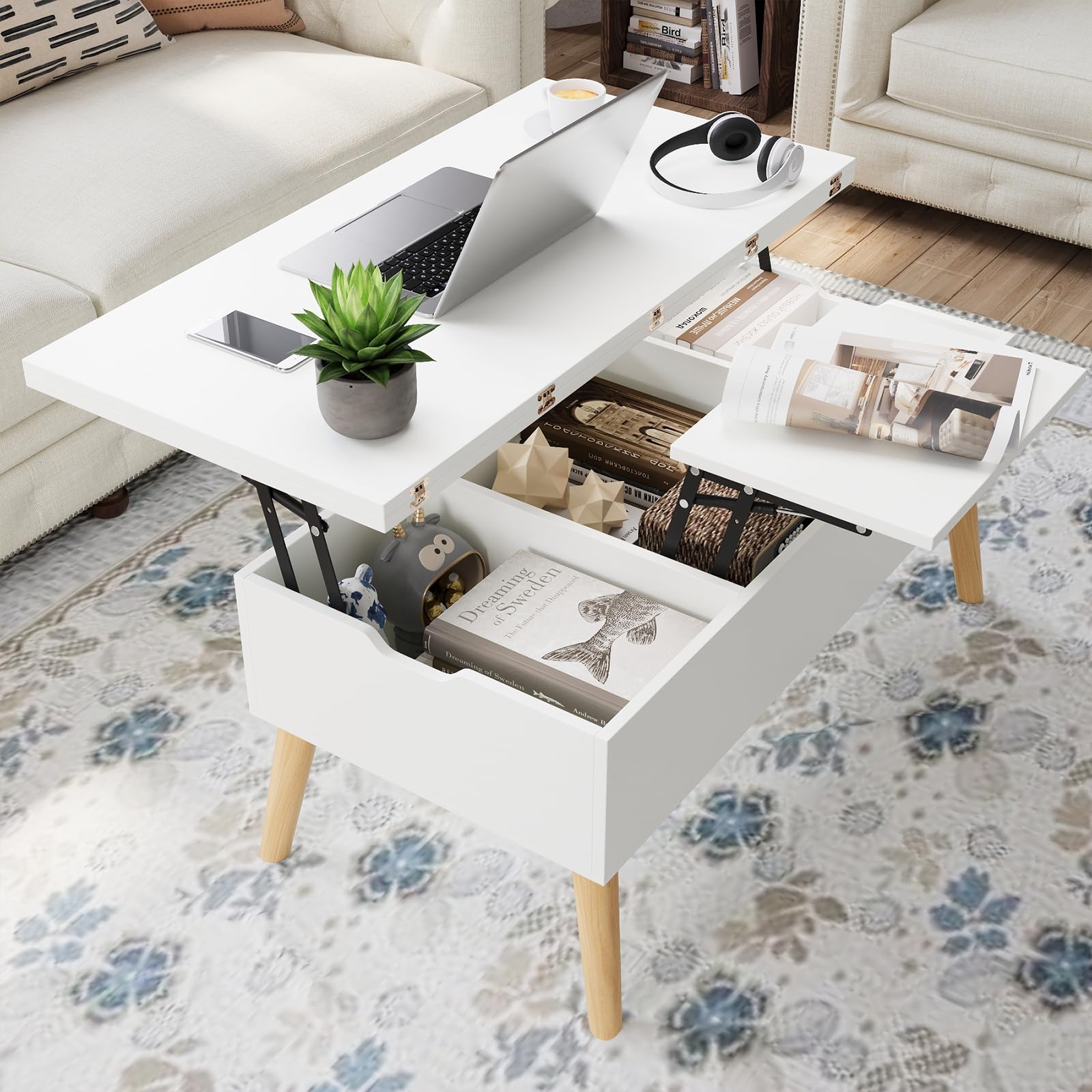 VOWNER Mesa Centro Elevable, 3 en 1 Mesa de Salón Multifuncional, Extensible, Convertible de Comedor de Salón, 100L x 100W x 72H cm, Blanca