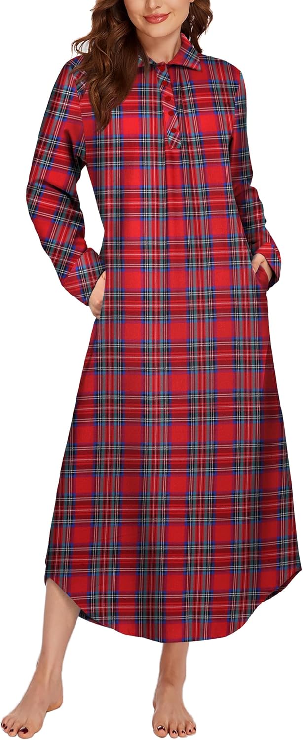 Ekouaer Women’s Nightgown Long Sleeve Nightshirt Full Length Loungewear Plaid Sleepwear With Pockets