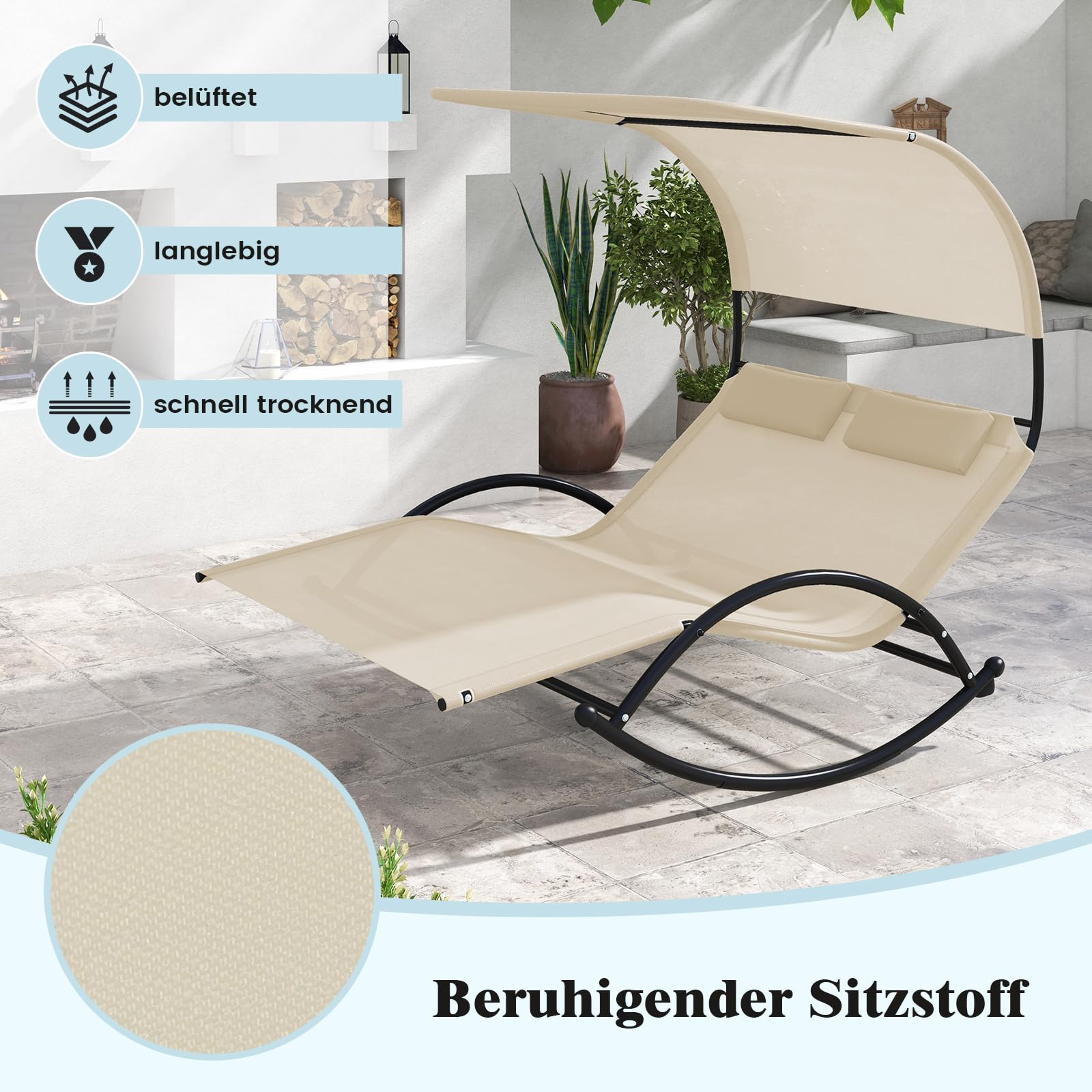 COSTWAY Leżak do opalania dla 2 osób, podwójny leżak z dachem i 2 zdejmowanymi zagłówkami, ergonomiczny leżak ogrodowy, huśtawka do 300 kg, leżak relaksacyjny do ogrodu, na taras (beżowy)