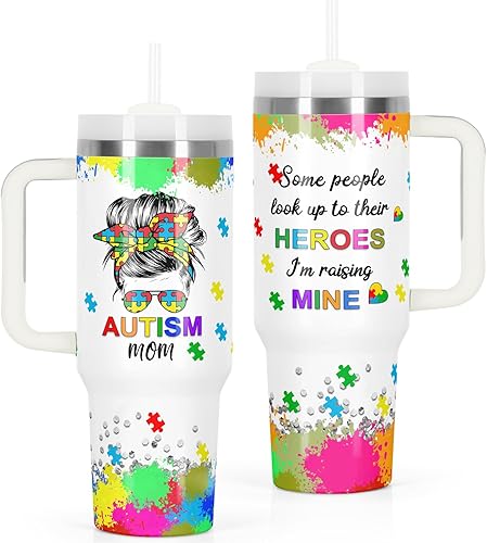 Regalos para mamá, vaso de concientización sobre el autismo para mamá con autismo, vaso de 40 onzas con asa