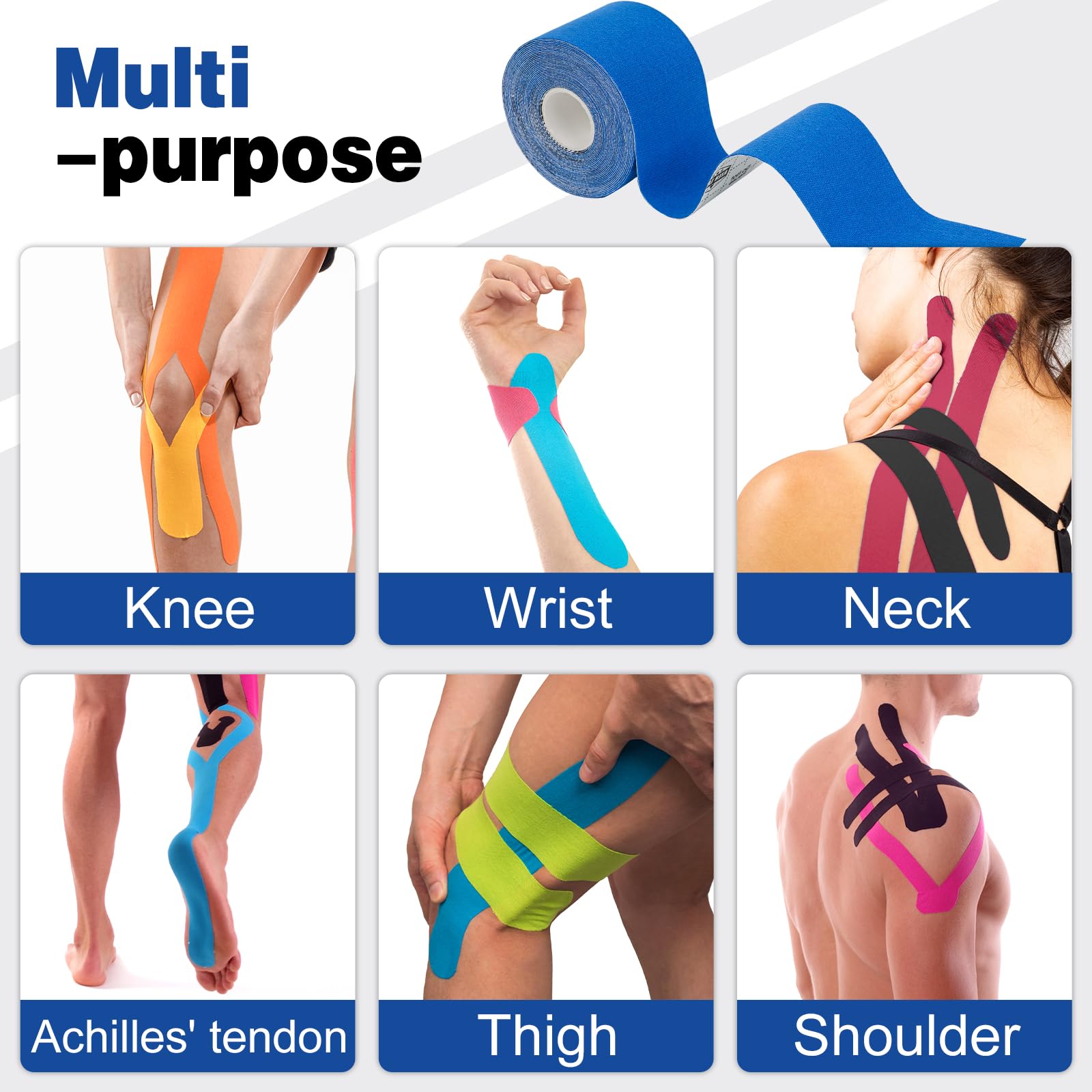 AZEN 3 rollos de cinta de kinesiología, cinta cinética impermeable de 16.4 pies para apoyo de articulaciones y alivio del dolor muscular, cinta de rodilla, cinta muscular sin cortar, cinta atlética,