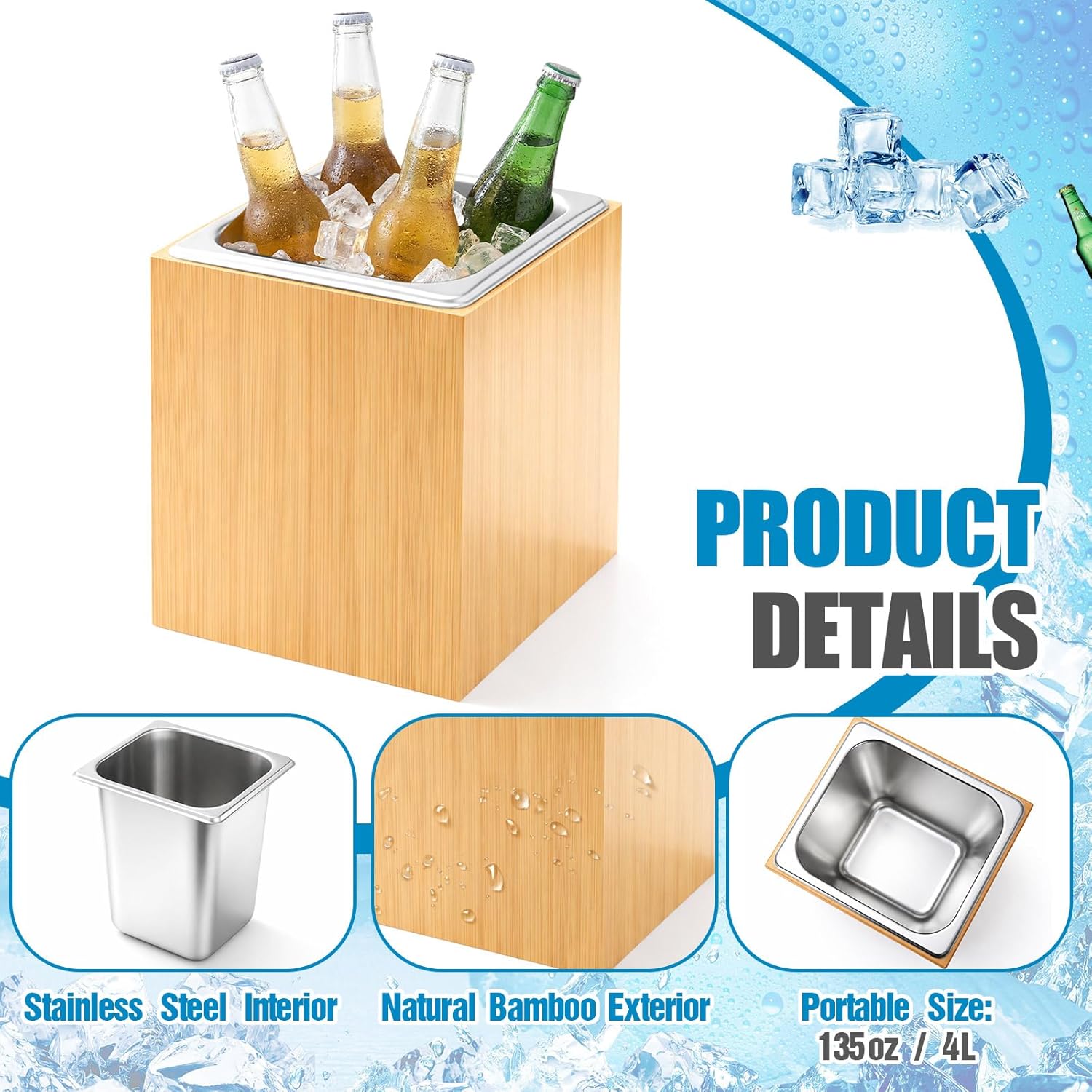 Ice Housing Bin with Removable Tray Ice Holder Container Wine Beer Champagne Drink Bucket Beverage Tub for Freezer Display Buffet Bar Counter Party Drink Chiller(Bamboo and Steel,7.9" X 7.7" X 7.23")