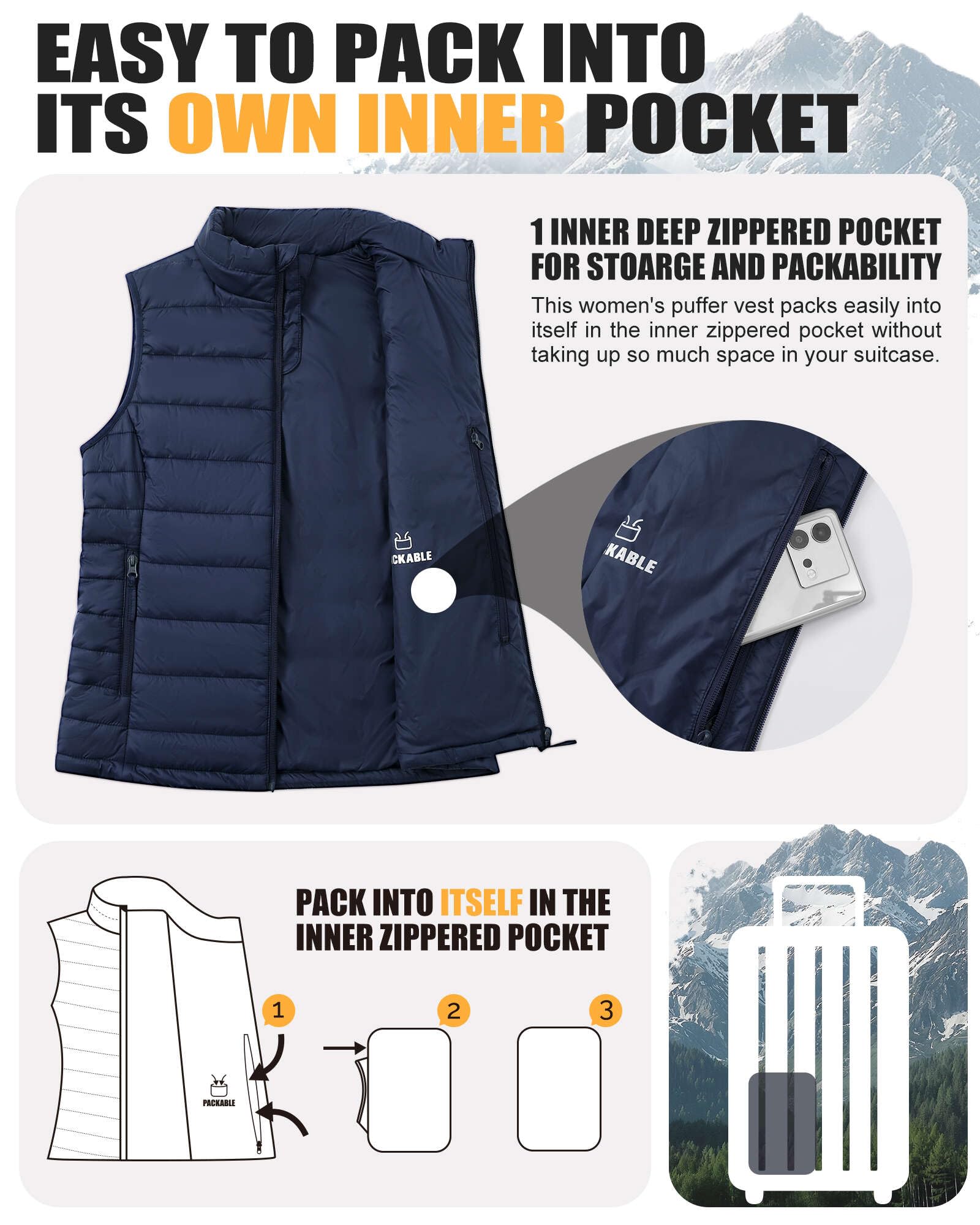 Outdoor Ventures Gilet matelassé pour femme - Gilet de transition pliable - Doublé - Hybride - Gilet de sport chaud - Gilet de cyclisme avec col montant pour la randonnée et le camping