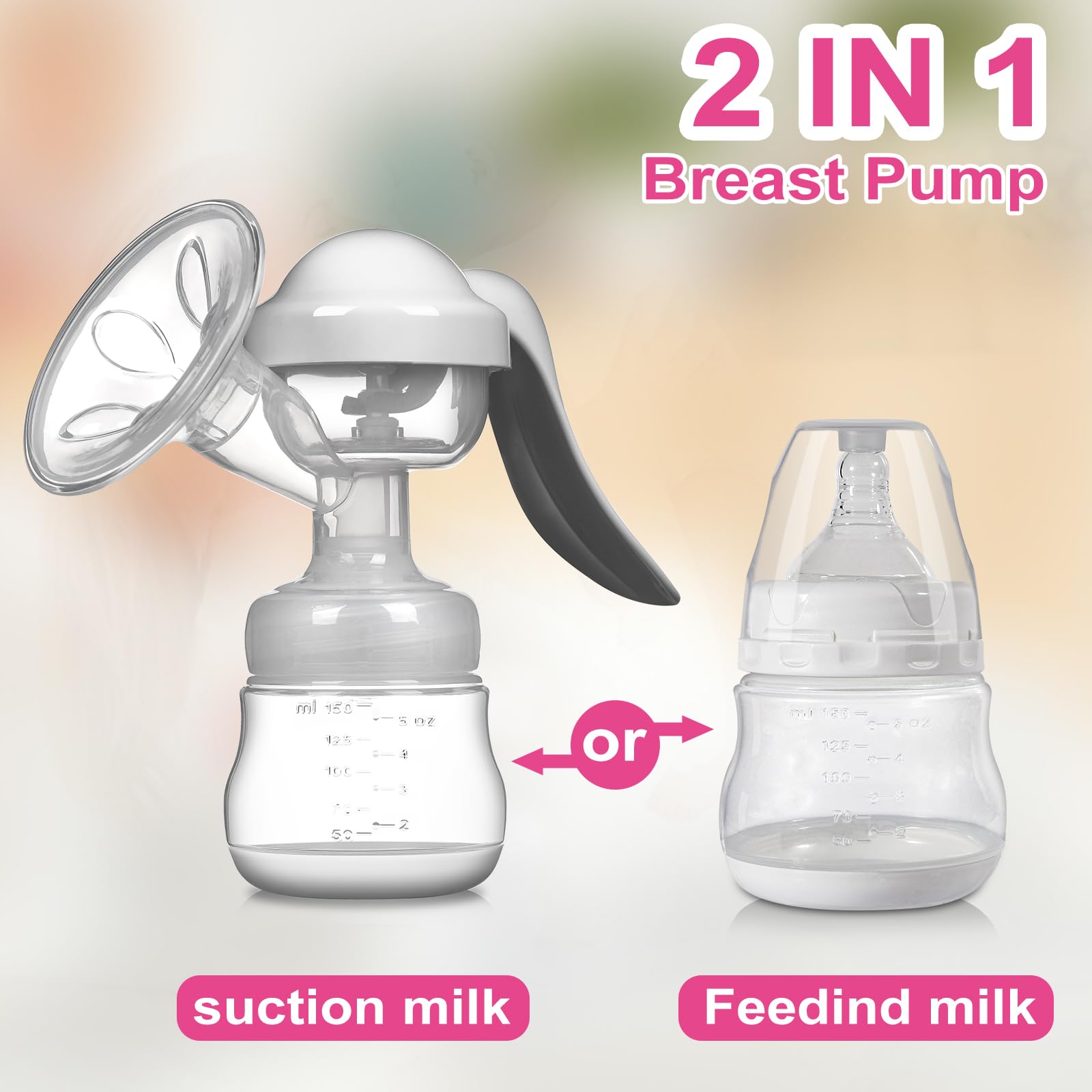 Tire-lait Manuel en Silicone 150 ml Sans BPA, Pompe Ergonomique Aspiration Réglable, Recueil Lait Portable pour Allaitement, Idéal Accessoire Voyage Maman