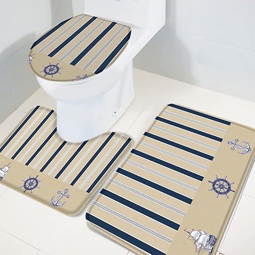 Miniatura 3 de Bathroom Rugs Sets 3 Piece Bath Mat,Nautical Sailing Compass Anchor Soft Non-Slip Bath Rug Set,Absorbent Shower Rugs Toilet Seat Cover U-Shaped