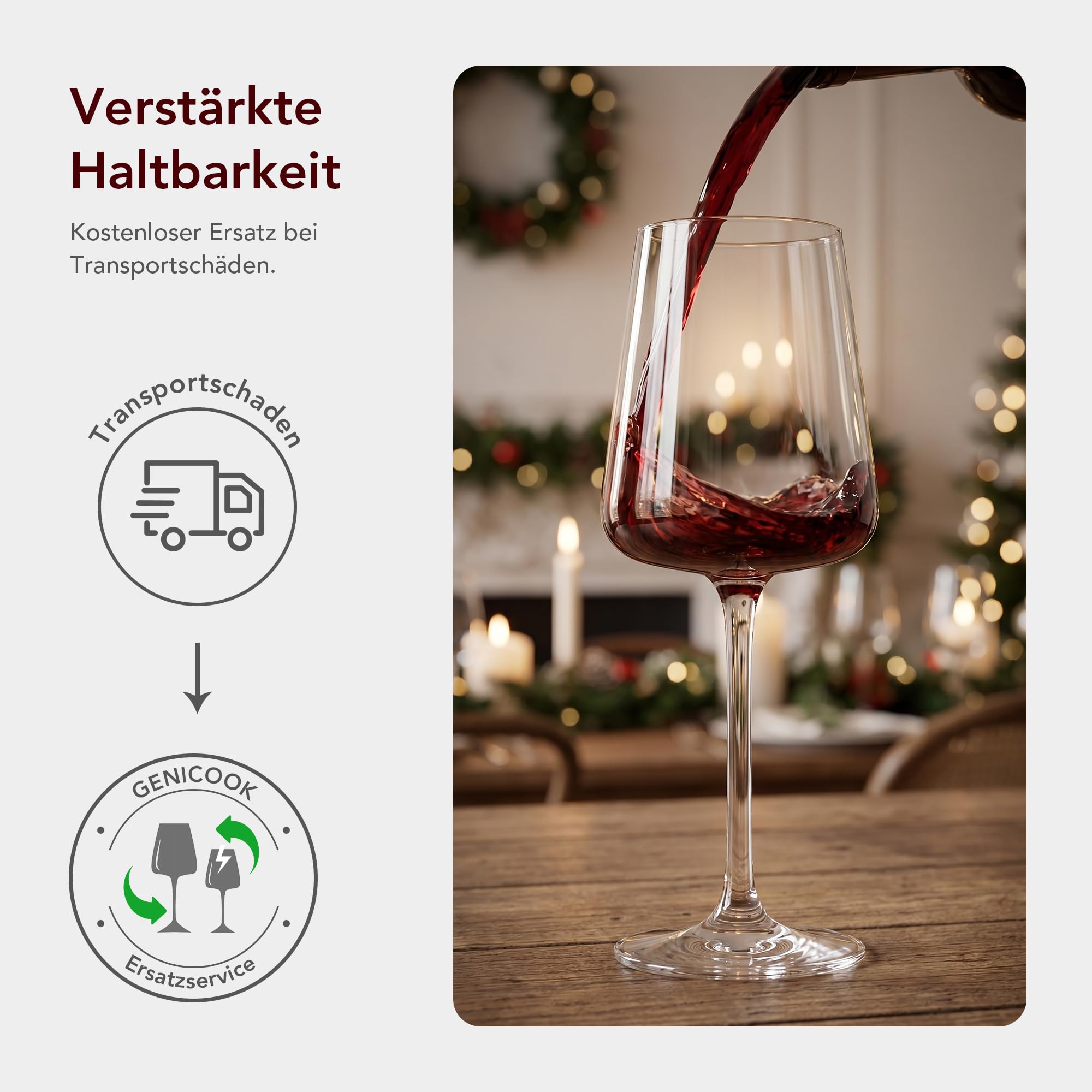 GENICOOK Rotweingläser 6er Set 530 ml – Mundgeblasene Kristallglas Weingläser, bleifrei & spülmaschinenfest, dünnrandig mit langem Stiel – elegante Weinkelche für Rotwein, Weißwein & Geschenkidee