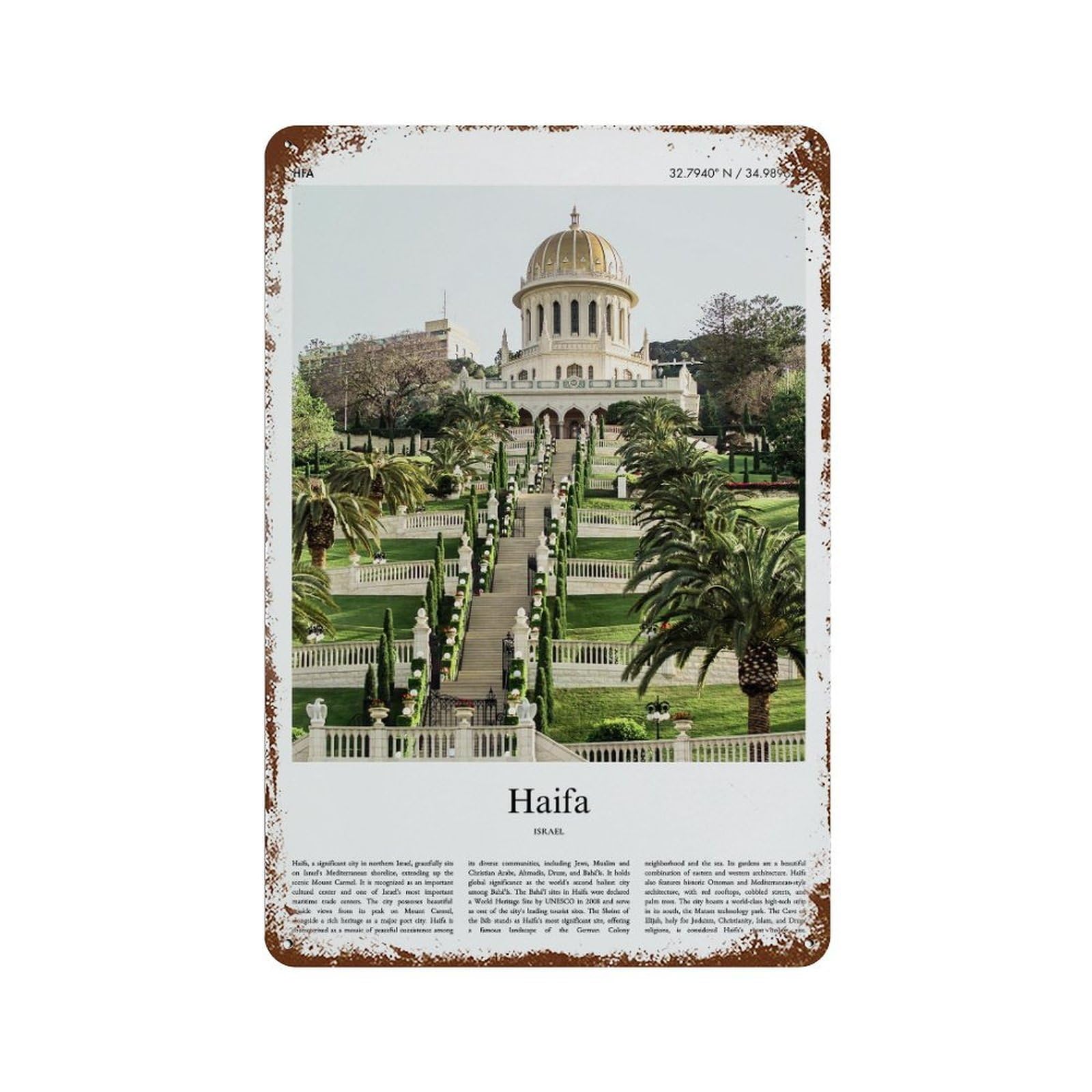 xiaoxiaoshen Haifa Israel City Scenery Wall Decor Art Metal Tin Poster Modern Home Decor Art Home Bar Shop Decorations Vintage Sign 30x20cm