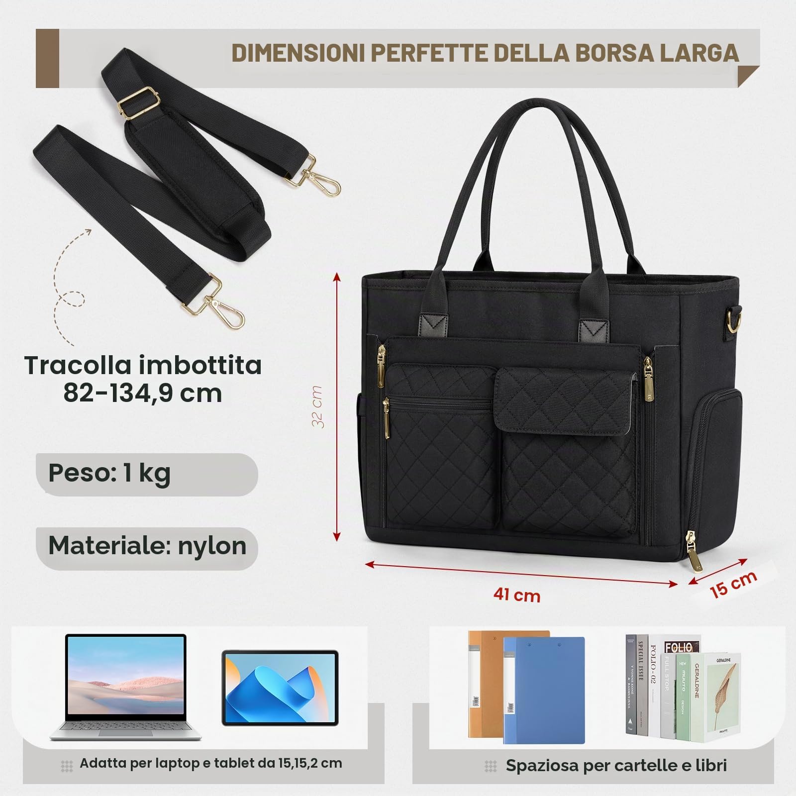 RAINSMORE Borsa Lavoro Donna Insegnante con Scomparto Pranzo Isolato Grande Borsa Porta PC 15.6 Pollici Capacità per Università e Ufficio Shopper