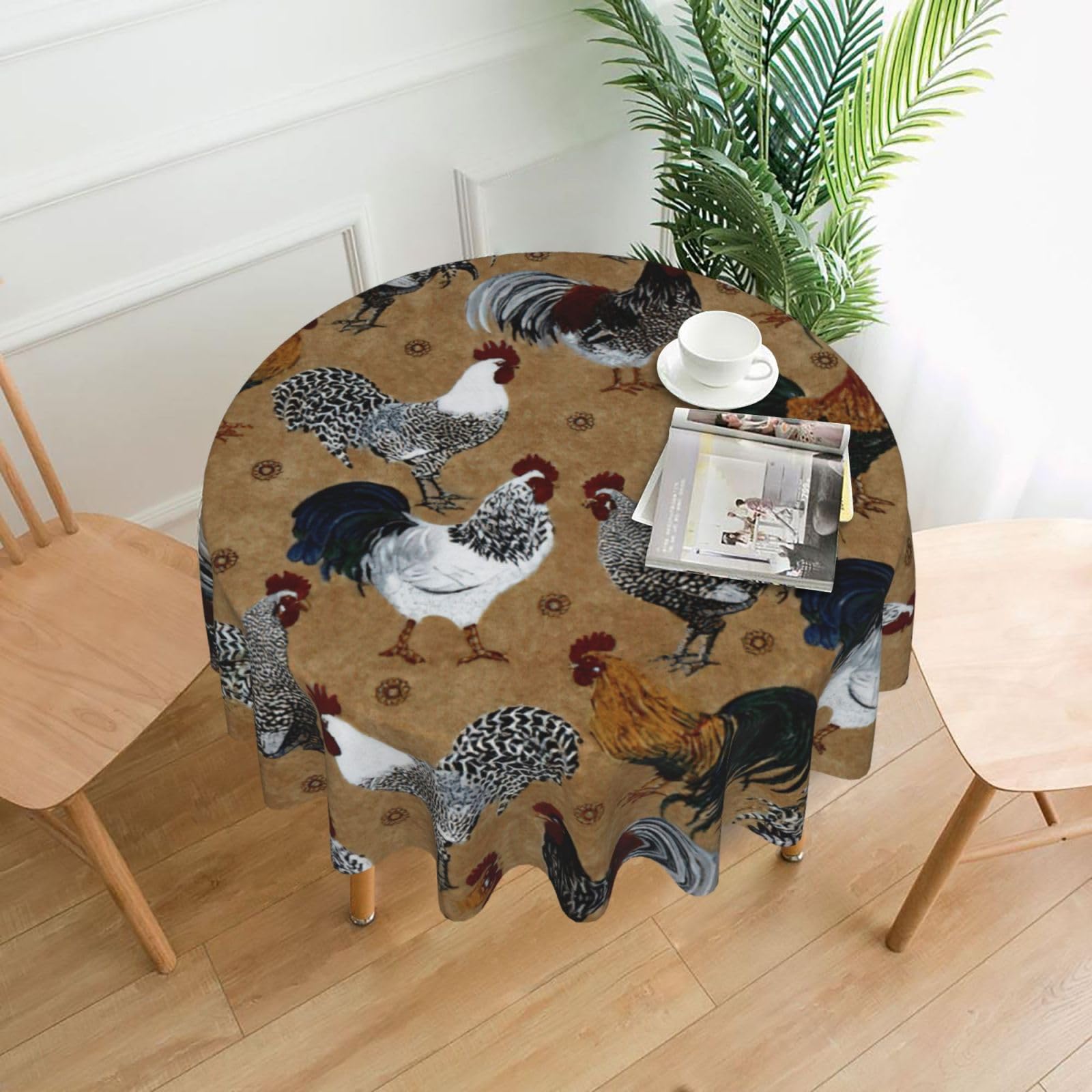 Zcmkjlg Rooster and Chicken Print Print Quick Ship Round Tablecloth 60in Polyester Washable Cover for Dining Room