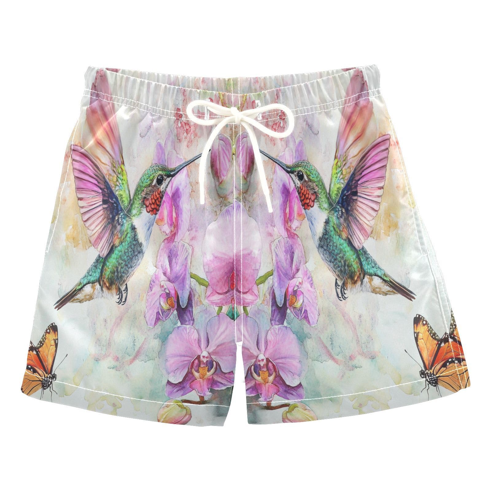 Jucciaco Boys Beach Board Shorts Hummingbird Flower Butterfly Quick Dry Swim Trunk Swimwear for Kids