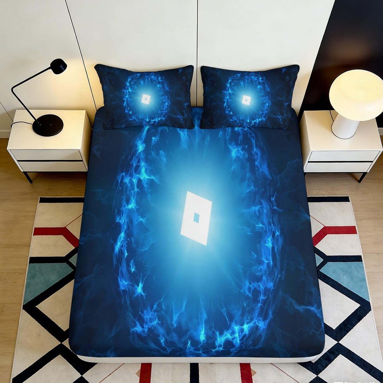 3D Printed Blue Lightning Fitted Sheet Microfiber Soft Durable Nebula Bed Cover for Bedroom Dormitory Guest Room Mattress Protection 180x200x25cm
