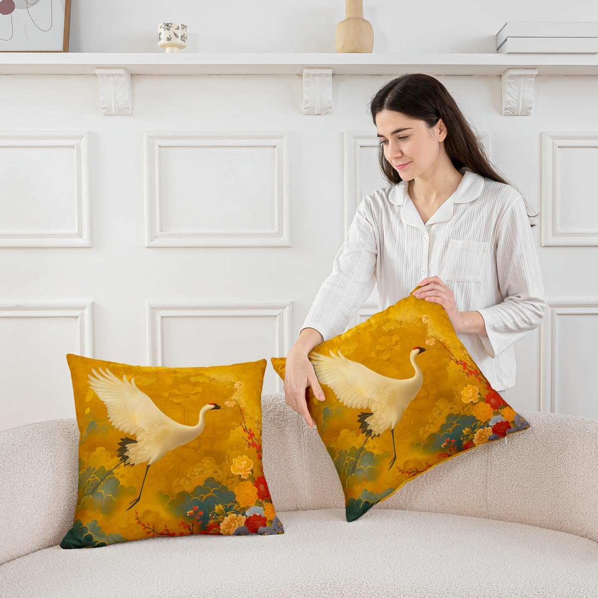 Erosebridal Set of 2 Crane Floral Decorative Pillowcases 24x24 Inch Bird Throw Pillow Covers for Girls Women Peony Japanese Ukiyo-E Yellow Red Retro Cushion Cases Soft Cushion Covers