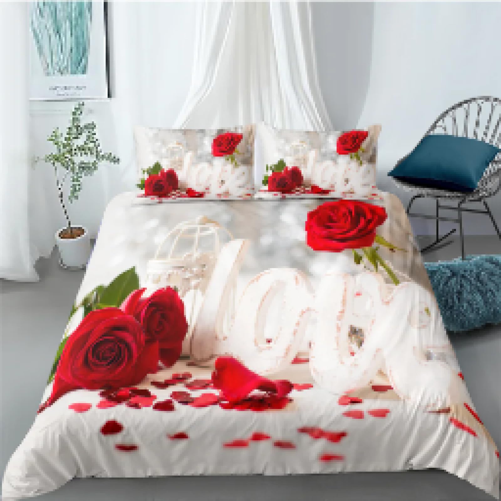 Housse de couette floral cœur rouge 140x210 pour lit double