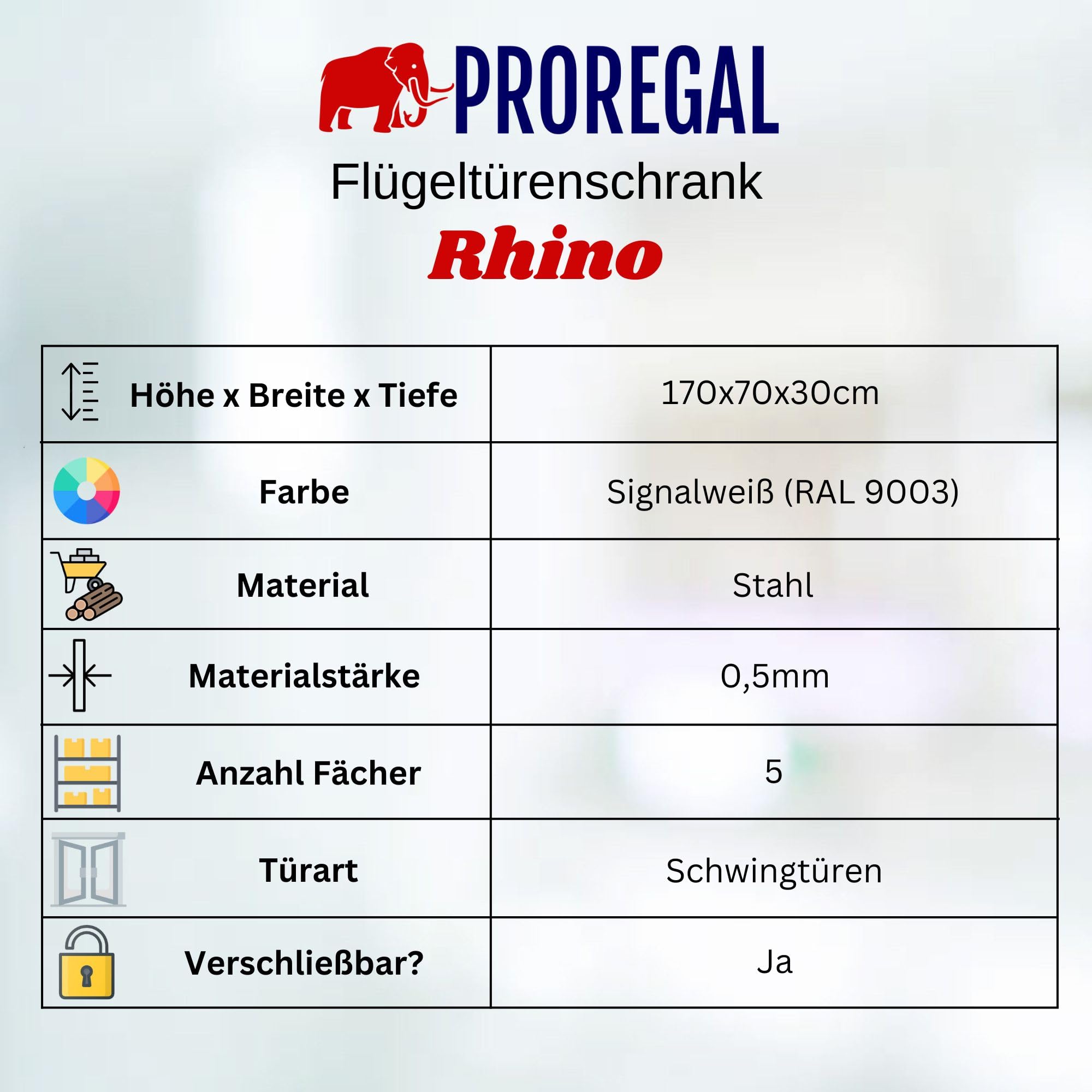 PROREGAL Putzmittelschrank Rhino Metall 2 Türen abschließbar Besenschrank schmal 170x70x30cm 5 Fächern & Kleiderstange Stahl Weiß Putzschrank Mehrzweckschrank Haushaltsschrank Flügeltürenschrank