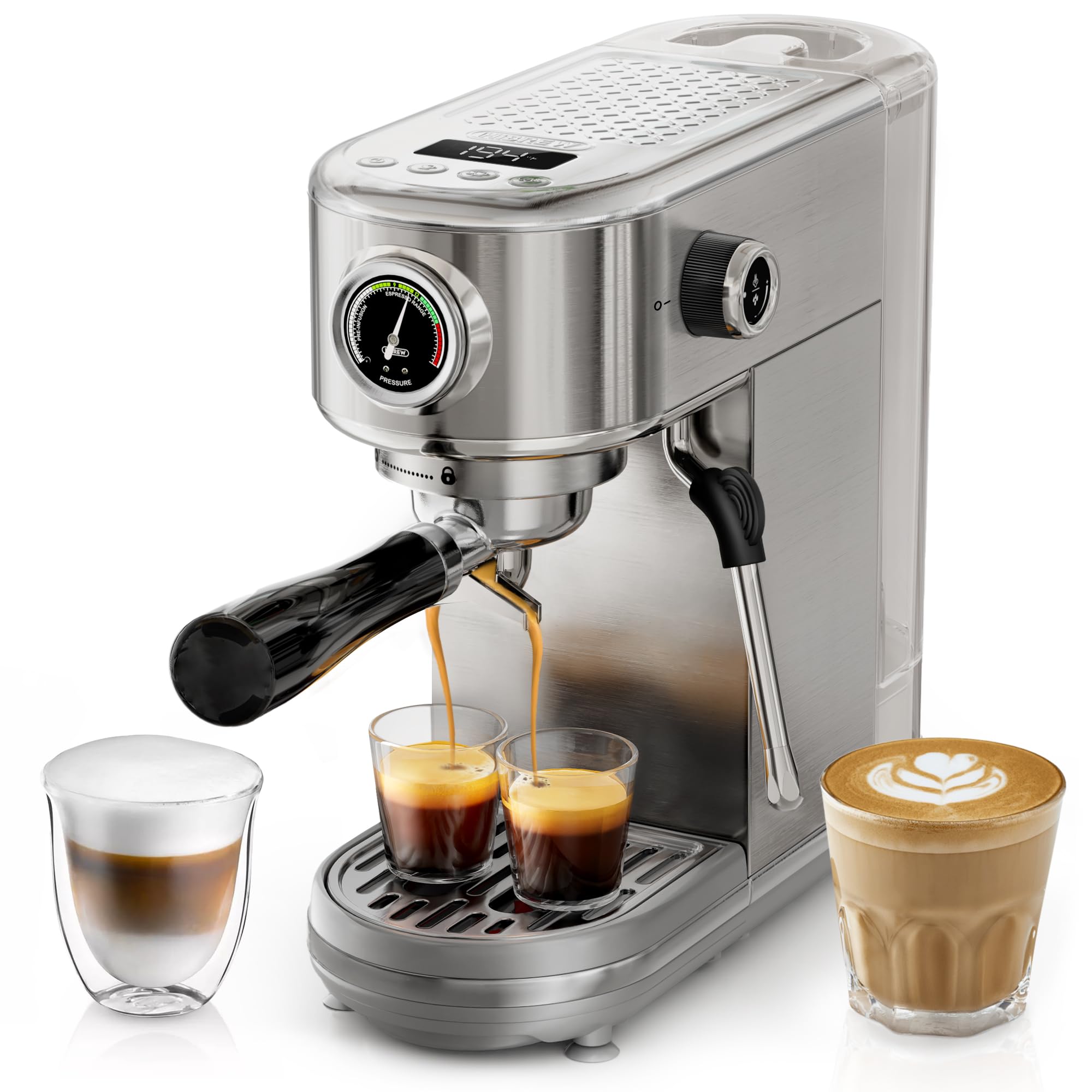 HIBREW H10B - 51mm Espresso Machine - Temperature & Cup Volume Adjustable at will - With Intelligent Display Screen & Pressure Gauge - Stainless Steel Body(Metallic Grey)