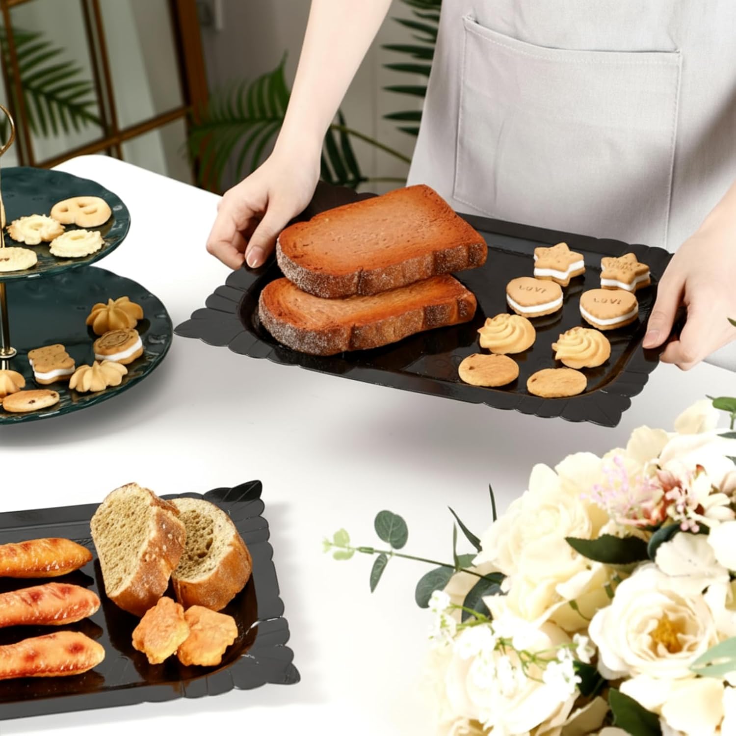 Honeydak 4 Pcs Rectangle Serving Trays Heavy Duty Disposable Paper Cardboard Serving Platter for Food Tea Fruit Trays Cupcake Display Dessert Table Decorations Birthday Party Supplies (Black) - Image 2