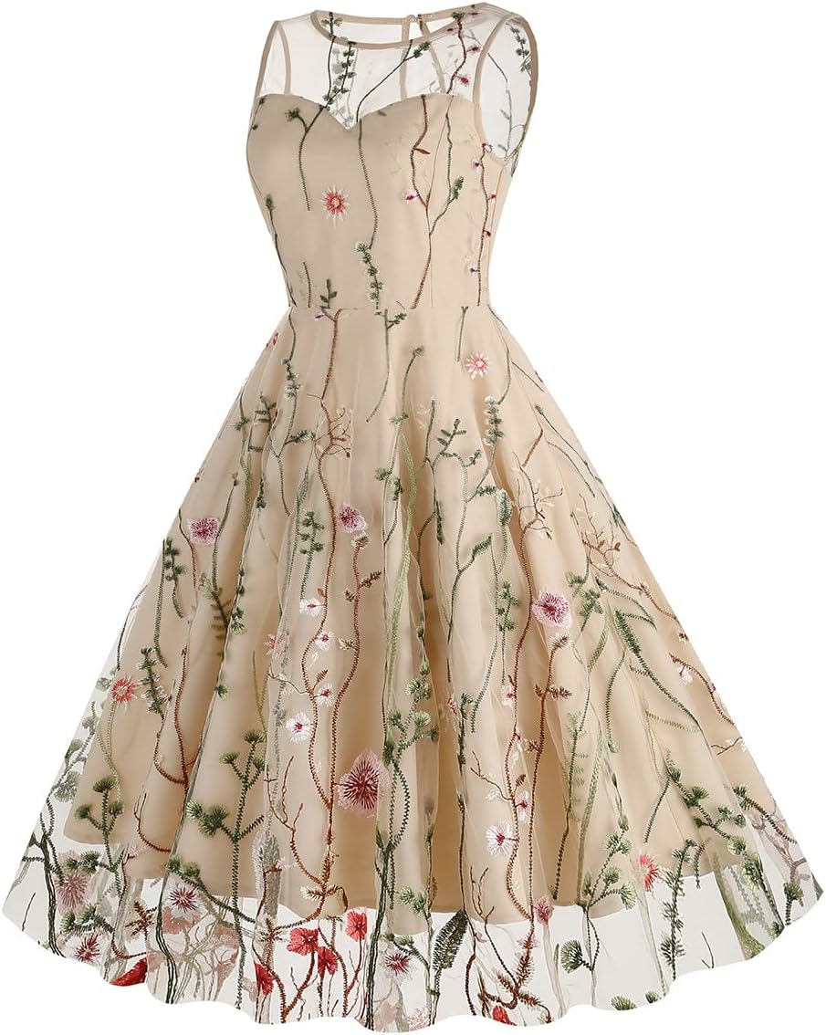 Women Keyhole Floral Embroidery Dress Sheer Mesh Illusion Vintage Cocktail Swing Dress Wedding Party Prom Tulle Evening Dress - Image 3