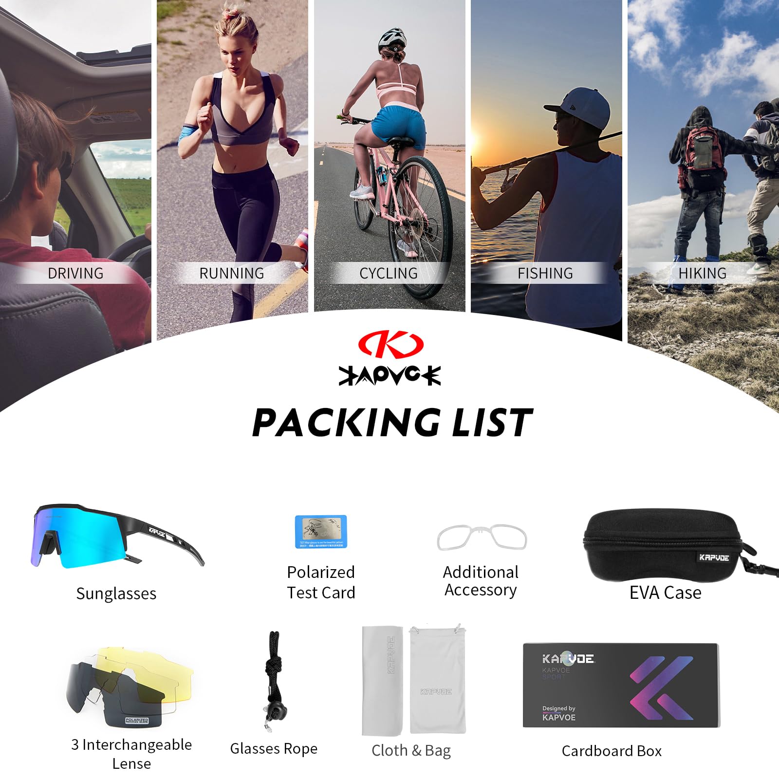 KAPVOE Polarisiert Fahrradbrille mit 1 Linse oder 4 austauschbare Linse TR90 Rahmen für Herren Damen Sport MTB Radfahren K9023