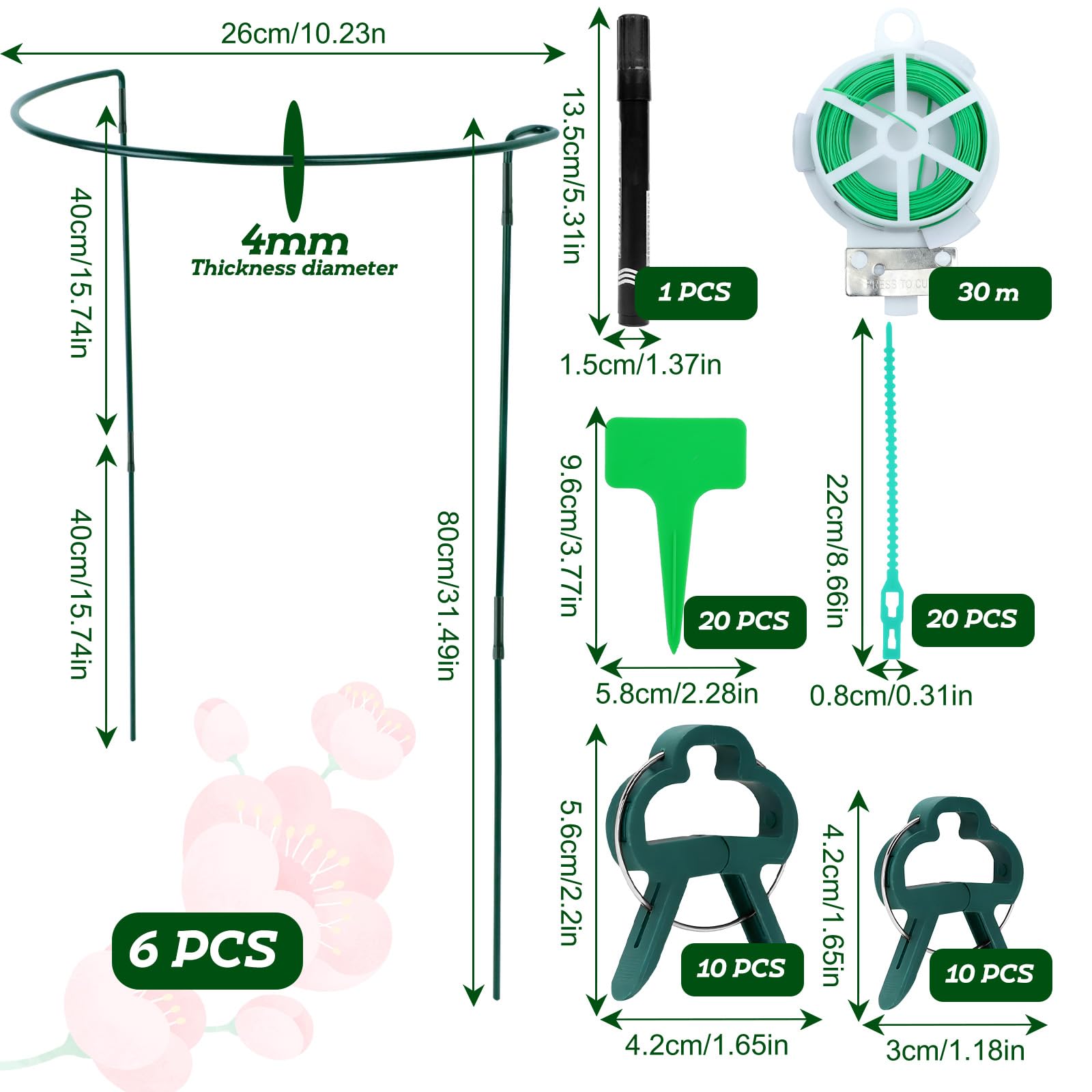 6 Pièces Tuteurs pour Plantes, 25 * 80CM Demi Rond Supports de Plantes Réglables, Jardin Plantes Support Pile Anneau Cage, Anneaux de Support en Métal Demi Ronds pour Pivoines Hortensias Roses Sédum