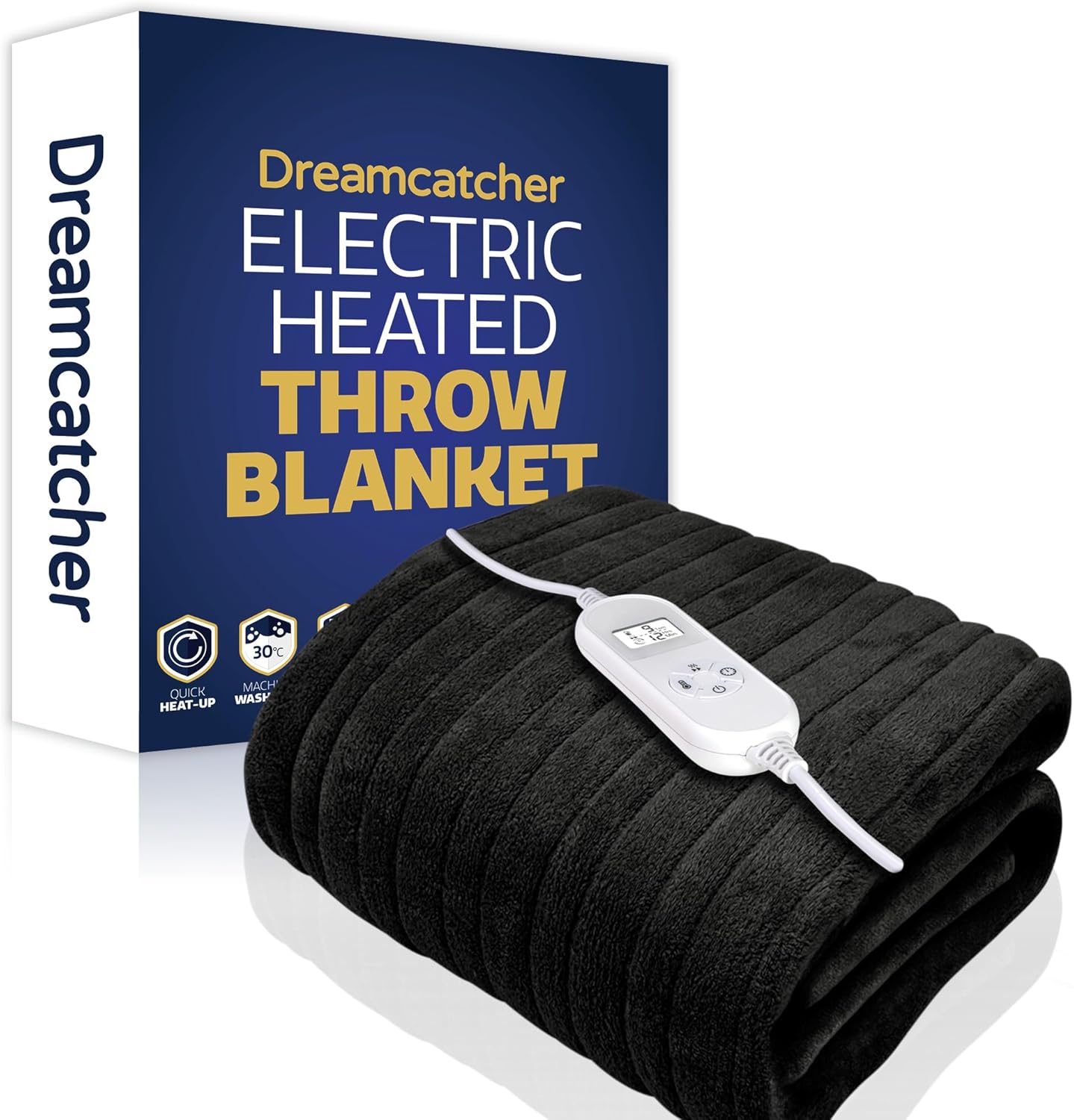 Dreamcatcher Black Heated Throw Electric Blanket, 160 x 120cm Heated Blanket Machine Washable Soft Fleece Electric Throw Overblanket with 12HR Timer and 9x Control Heat Settings