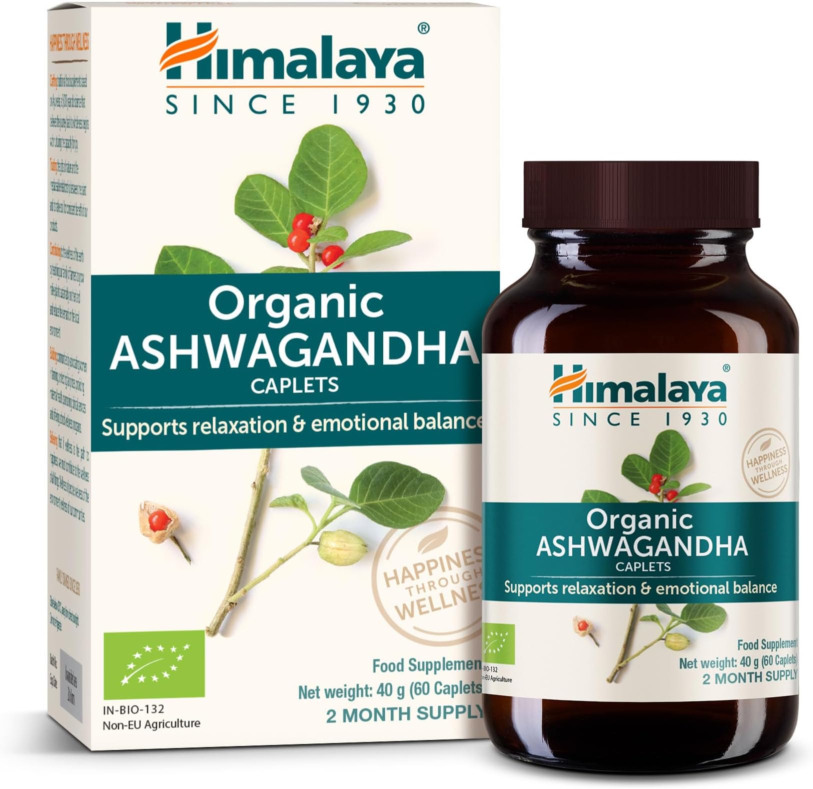 Organic Ashwagandha (Indian Ginseng), 60 Day Supply, Herbal Supplement for Stress Relief, Energy Support, Occasional Sleeplessness, Certified Organic, Vegan, Gluten Free, 670 mg, 60 Caplets