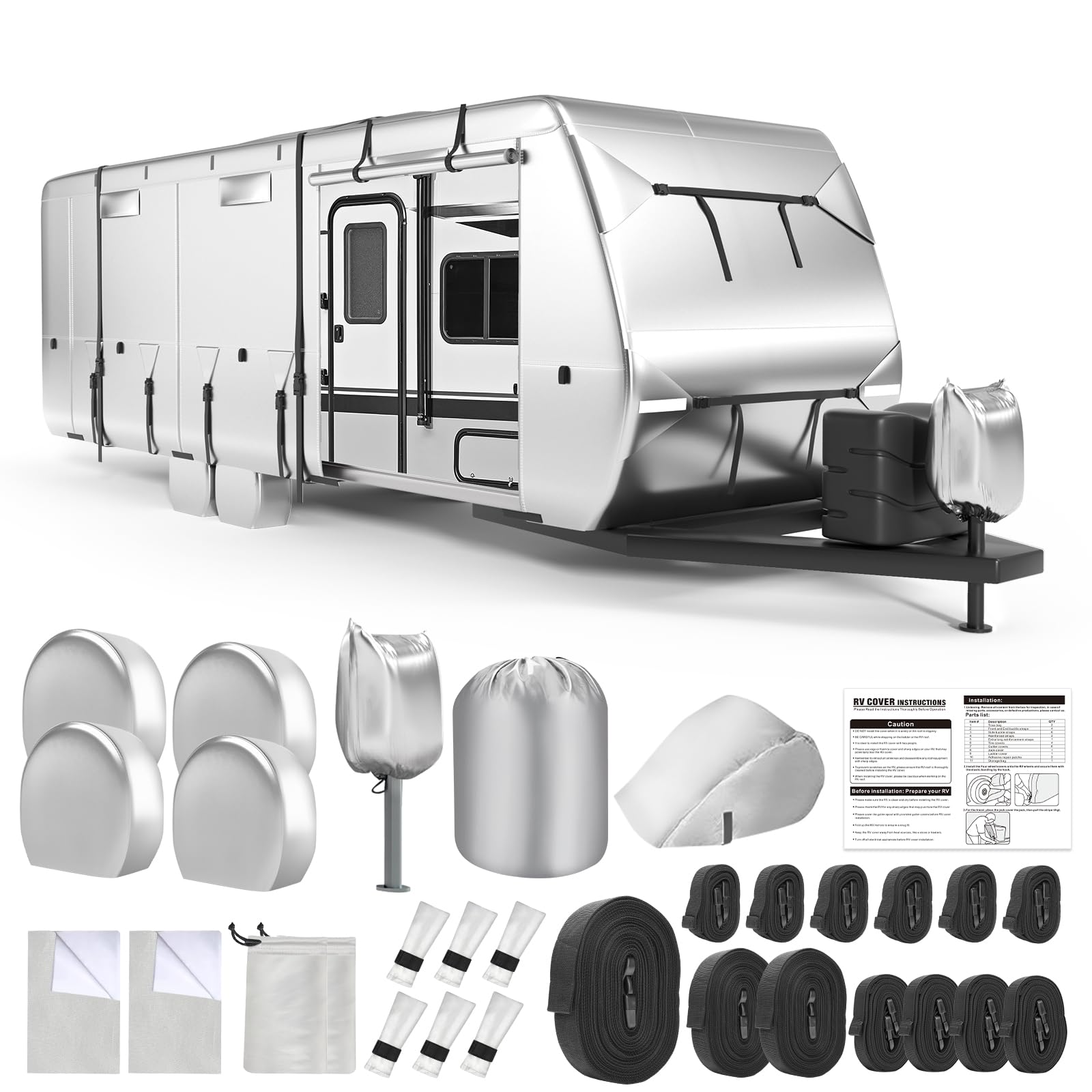 DenForste Oxford RV Cover,27-30 Ft Travel Trailer 420D Oxford Cloth,Tearproof Waterproof Windproof Camper Cover with Tongue Jack Cover,4 Tire Covers,6