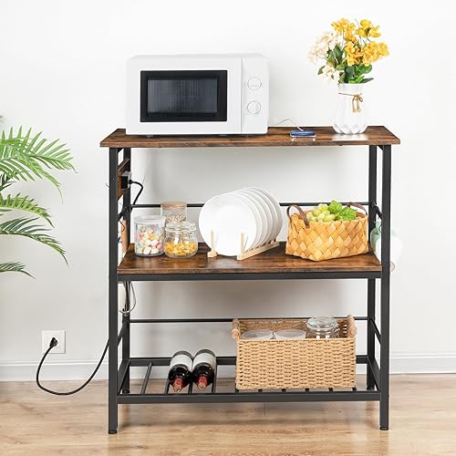 Miniatura 4 de HOOBRO Isla de cocina con almacenamiento, mesa de isla de cocina con toma de corriente, estación de café de 3 niveles de 35.4 pulgadas de largo y