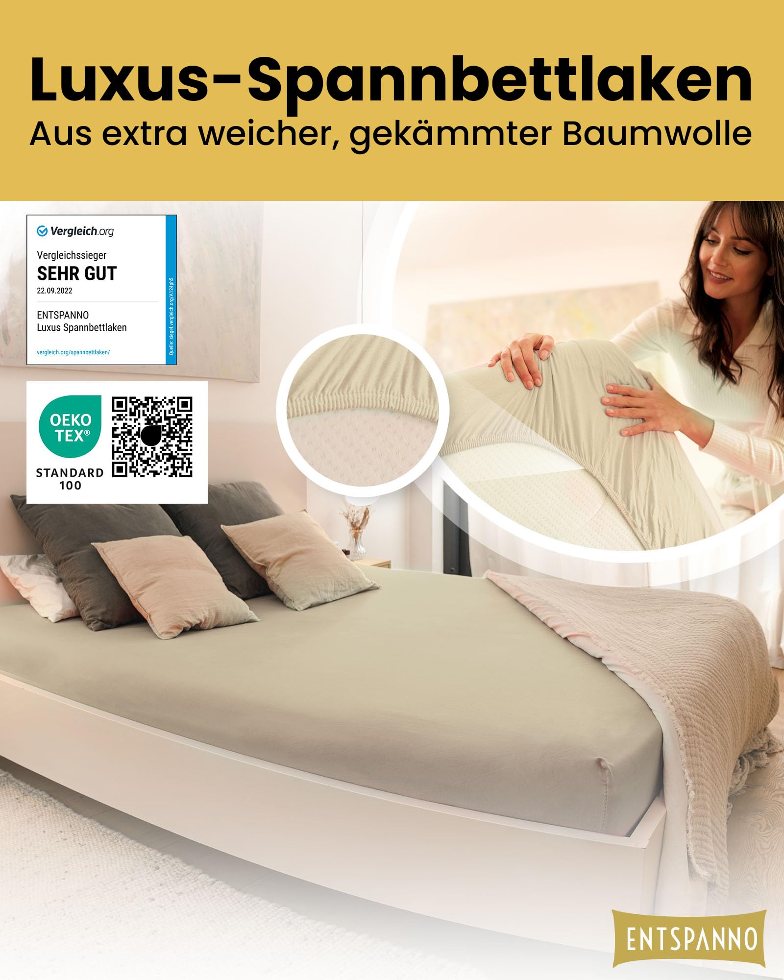 ENTSPANNO Luxus Spannbettlaken 140x200 bis 160x220 cm - Aus weichem Premium Jersey - auch ideal für Wasser- u. Boxspringbett bis 35cm Höhe - Beige
