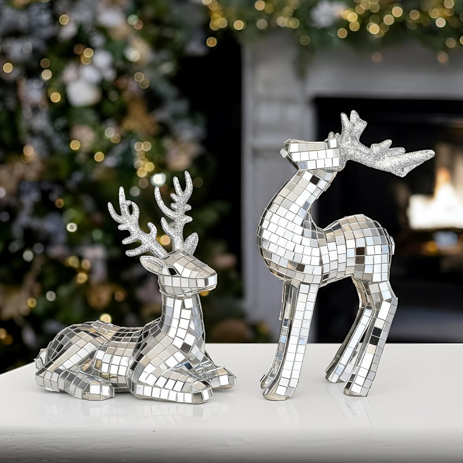 Weysat 2 Pcs Christmas Disco Reindeer Figurines Decor Xmas Elk Tabletop Centerpieces Decorations Mini Glitter Mirror Disco Standing Sitting Reindeer for Christmas Indoor Shelf Mantel Table Supplies\nSIMILAR NOT EXACT ITEM DAMAGED