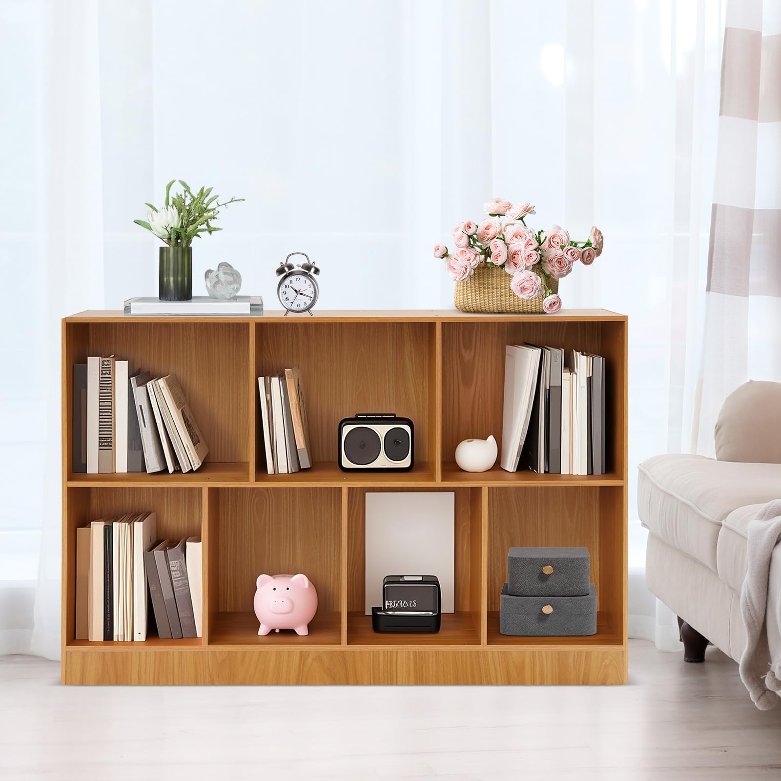 2 Etagen Bücherregal Stehendes Regal Bücherschrank Sideboard Standregal Büroregal Aufbewahrungsregal mit 7 Fächern für Arbeitszimmern Büros Küchen usw (120x24x80cm Holzfarbe)